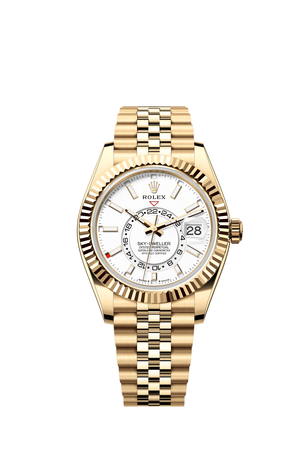 The Oyster Perpetual Sky-Dweller is available in 18 ct yellow gold with a white dial and a Jubilee bracelet. -m336938-0006 42mm