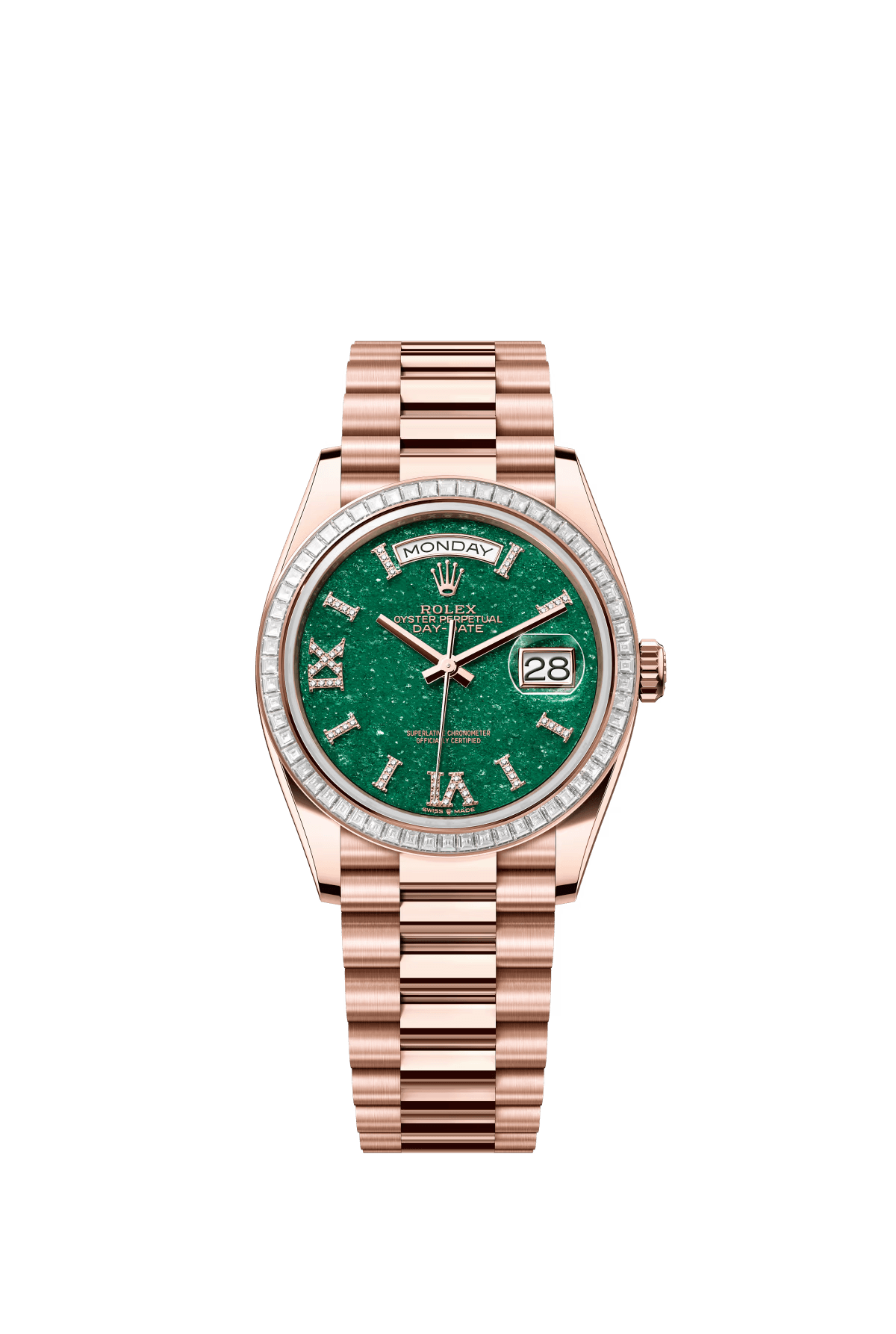 The Oyster Perpetual Day-Date 36 in 18 ct Everose gold features a diamond-set green aventurine dial, a diamond-set bezel and a President bracelet. -m128395tbr-0020