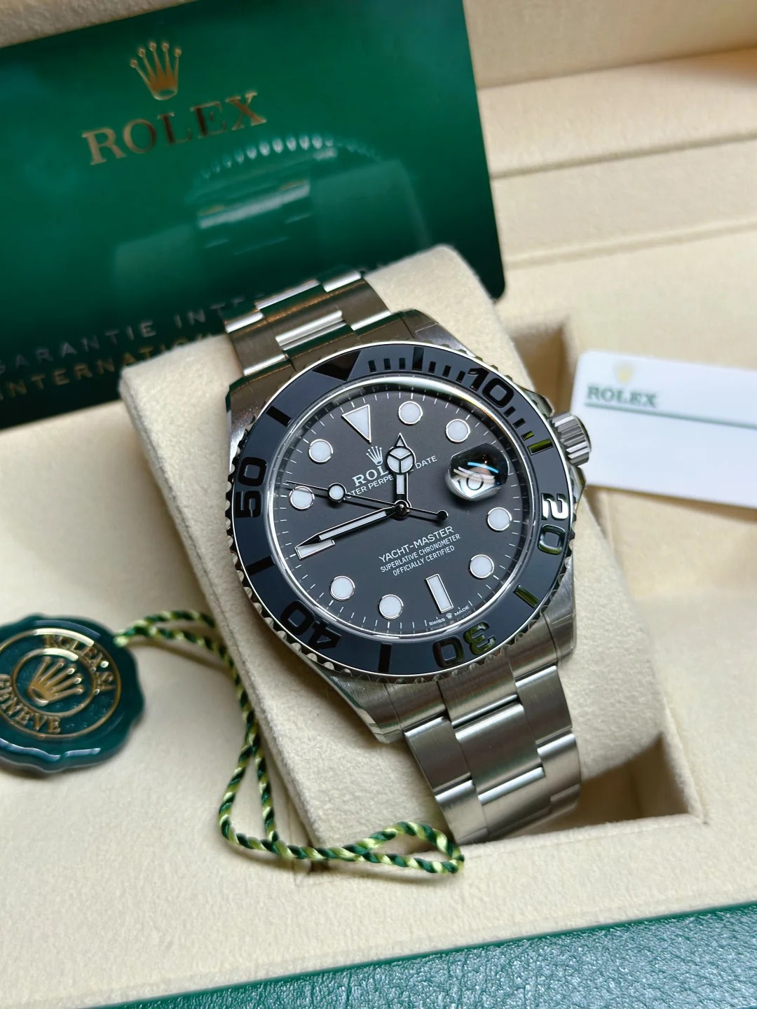 The Oyster Perpetual Yacht-Master 42 RLX Titanium with a mellow black dial and Oyster bracelet. -m226627-0001