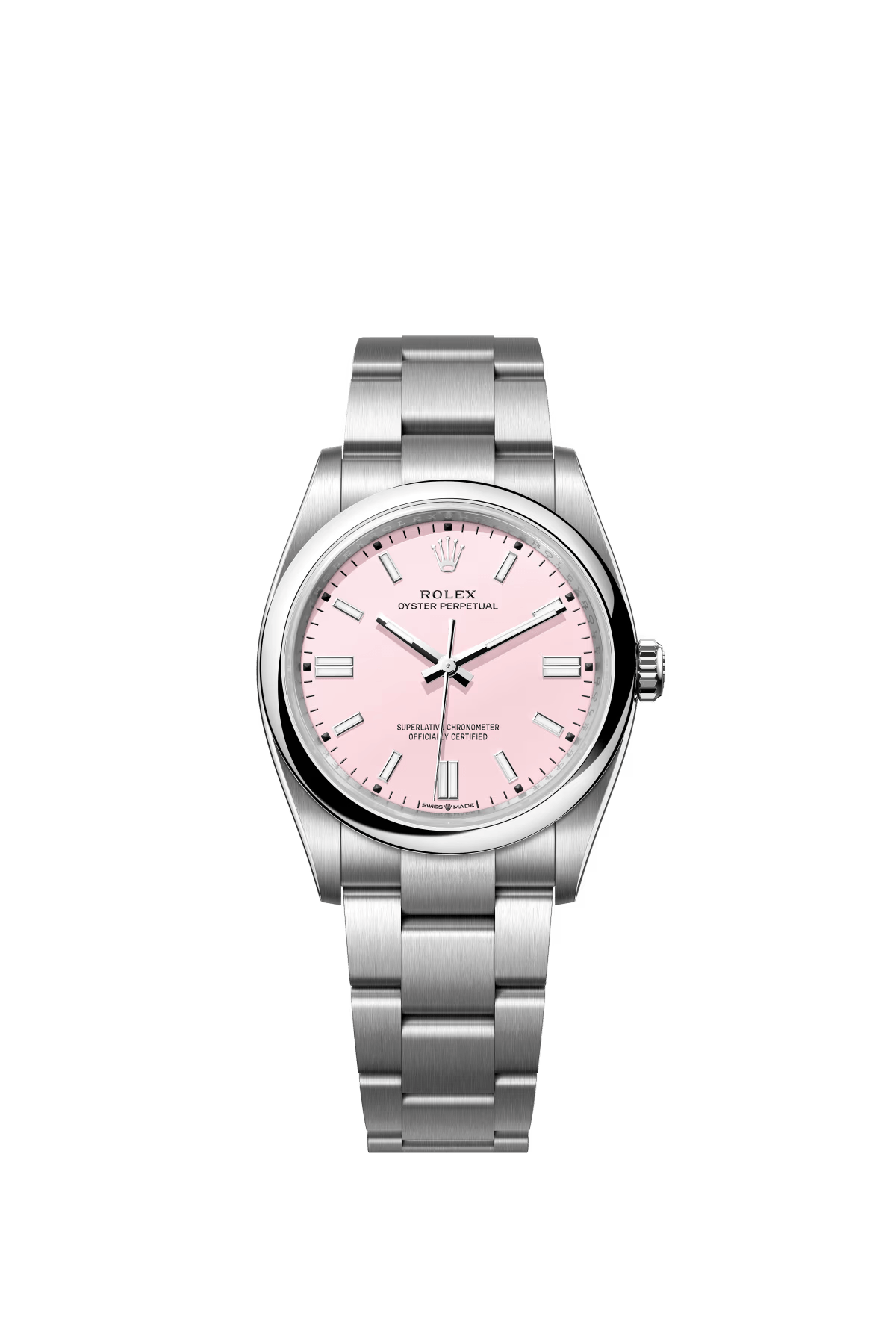 The Oyster Perpetual 36 is presented with a candy pink dial and an Oyster bracelet. -m126000-0008