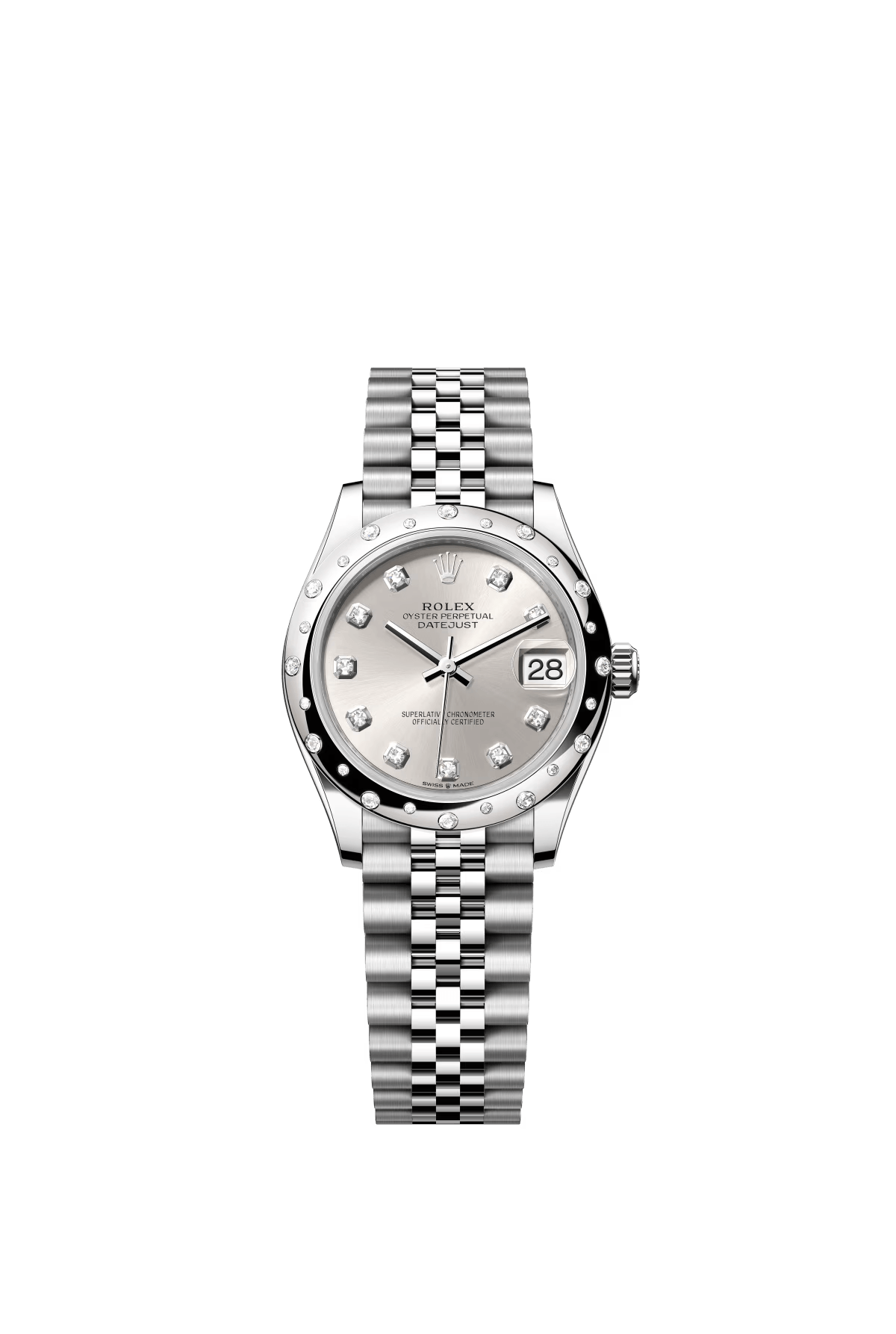 The Oyster Perpetual Datejust 31 is available in white gold and Oystersteel, with a diamond-set silver dial and a Jubilee bracelet. -m278344rbr-0032