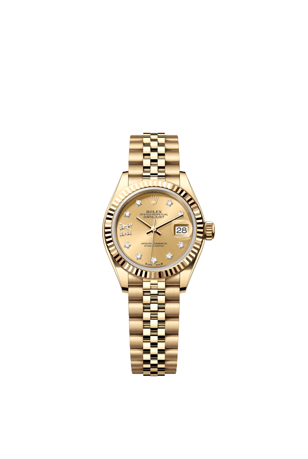 The Oyster Perpetual Lady-Datejust in 18 ct yellow gold with a diamond-set champagne dial and a Jubilee bracelet. -m279178-0014 28mm