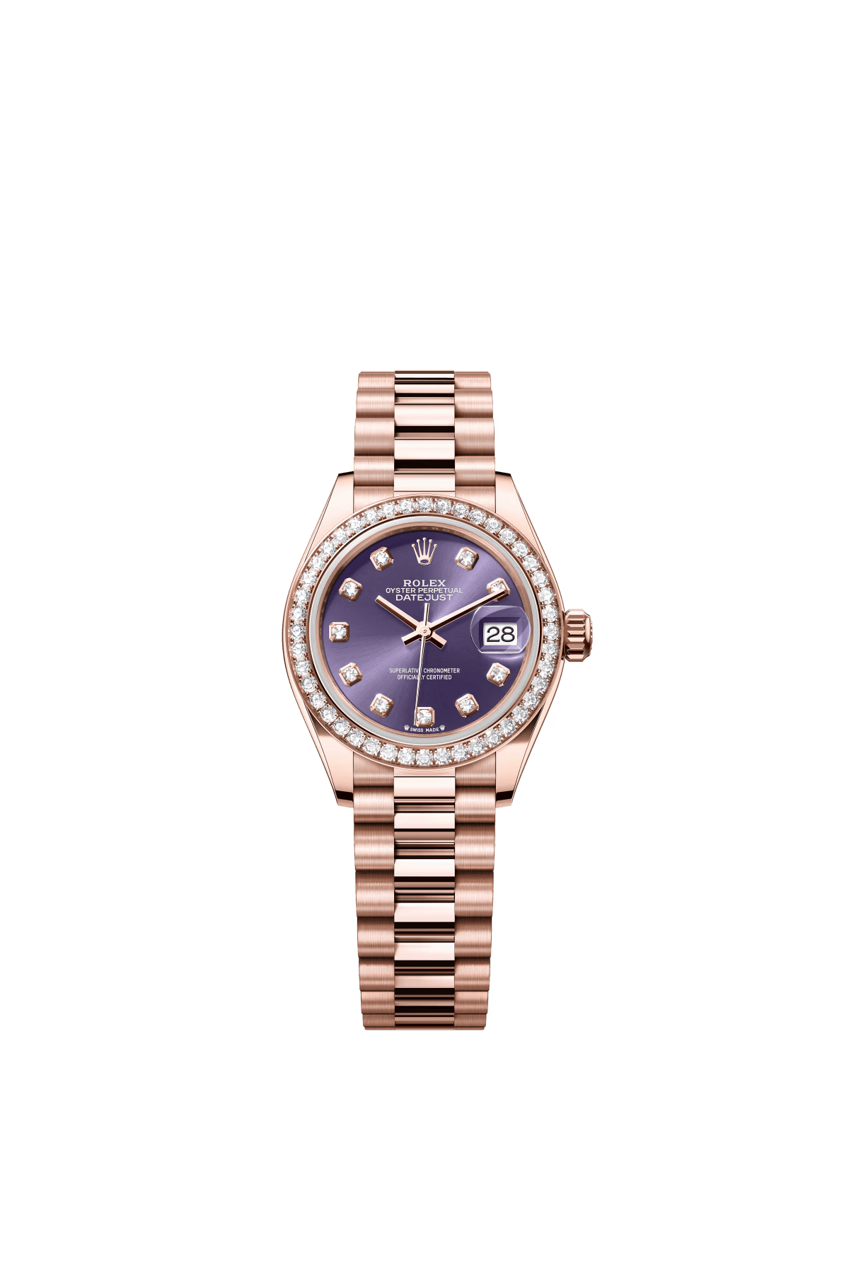 The Oyster Perpetual Lady-Datejust in 18-carat Everose gold with a diamond-set eggplant purple dial and a President bracelet. -m279135rbr-0020 28mm