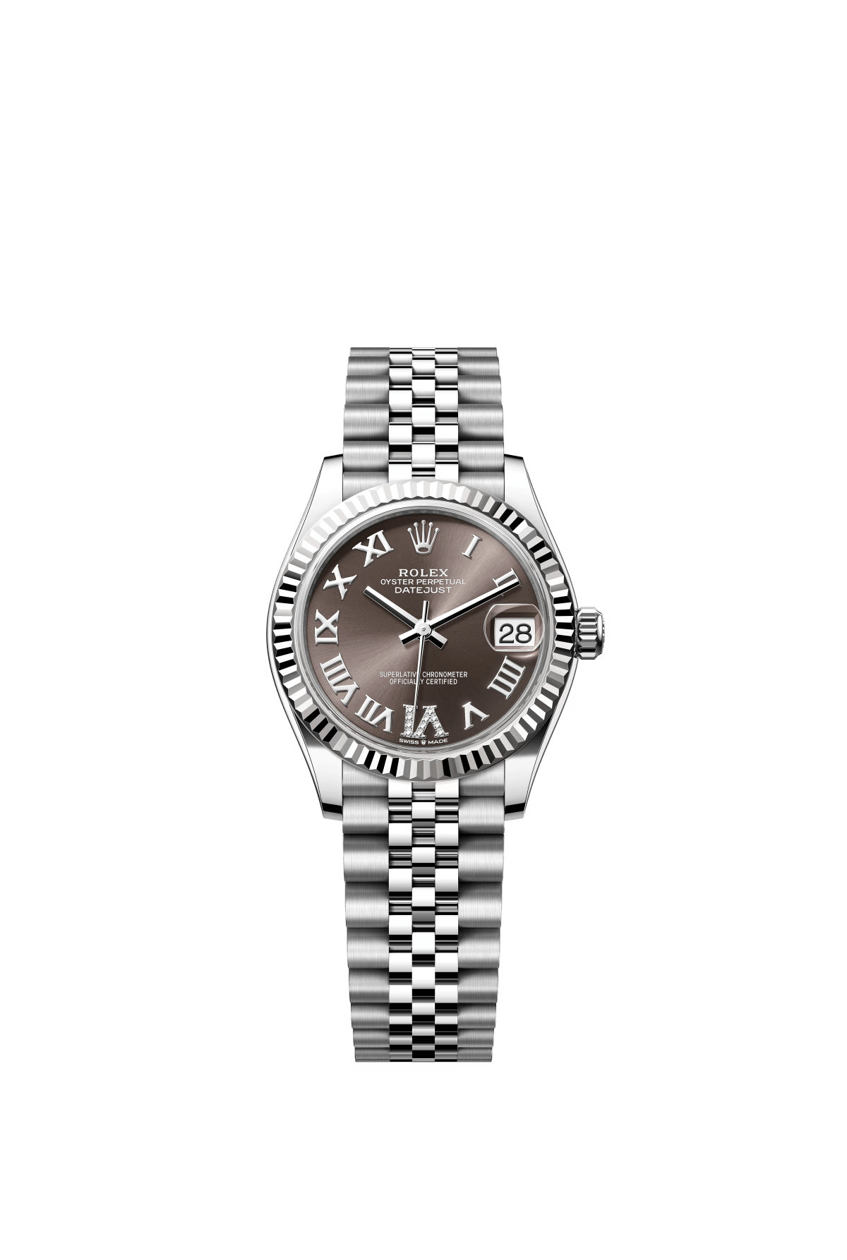The Oyster Perpetual Datejust 31 is available in white gold and Oystersteel with a diamond-set dark grey dial and a Jubilee bracelet. -m278274-0028