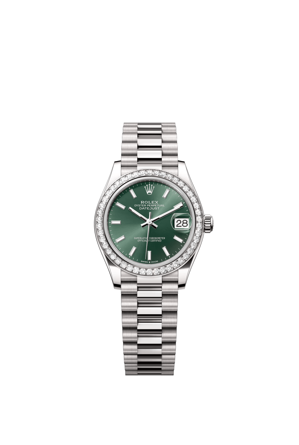 The Oyster Perpetual Datejust 31 is in 18 ct white gold with a mint green dial and a President bracelet. -m278289rbr-0015
