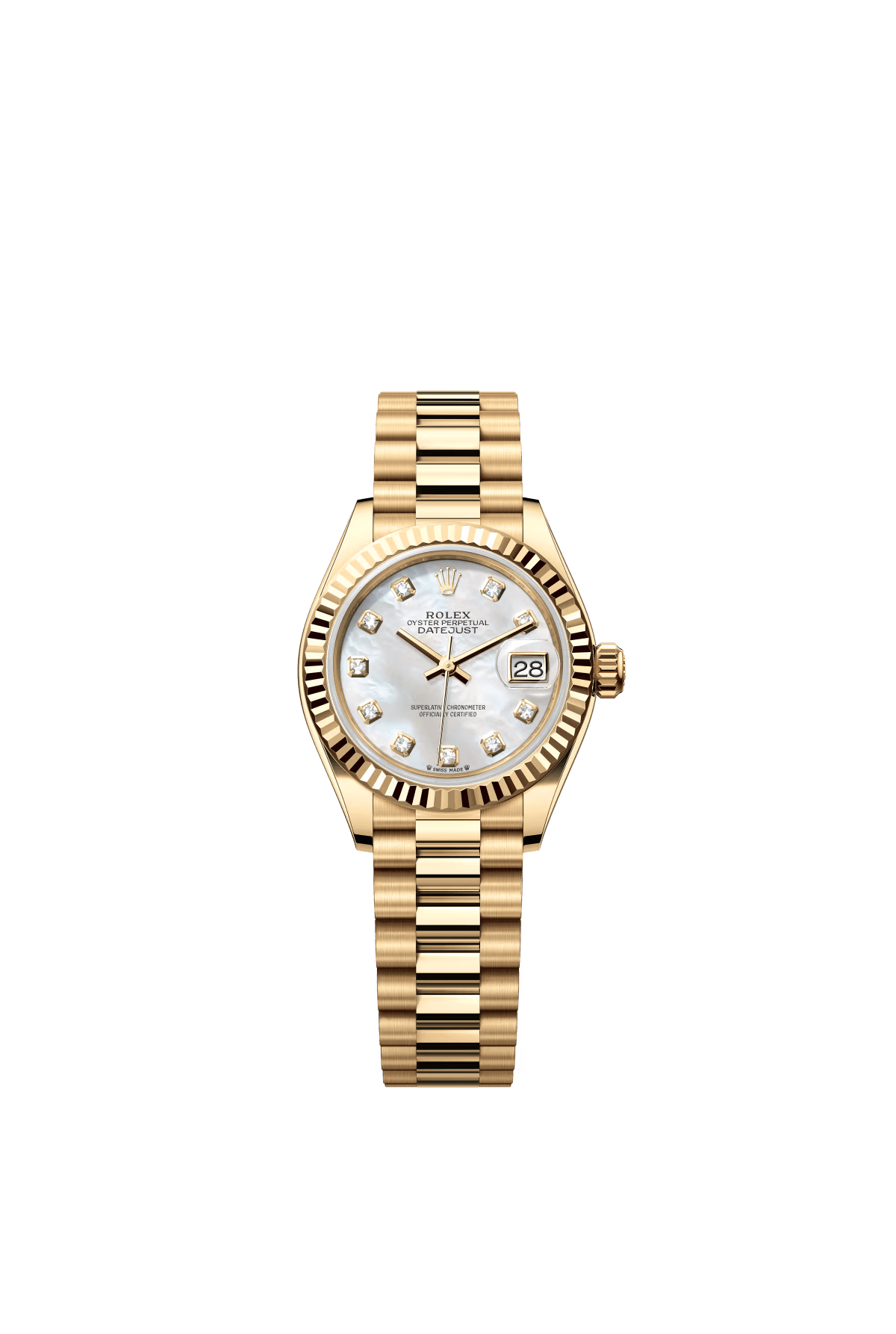 The Oyster Perpetual Lady-Datejust in 18 ct yellow gold with a diamond-set white mother-of-pearl dial and a President bracelet. -m279178-0025 28mm