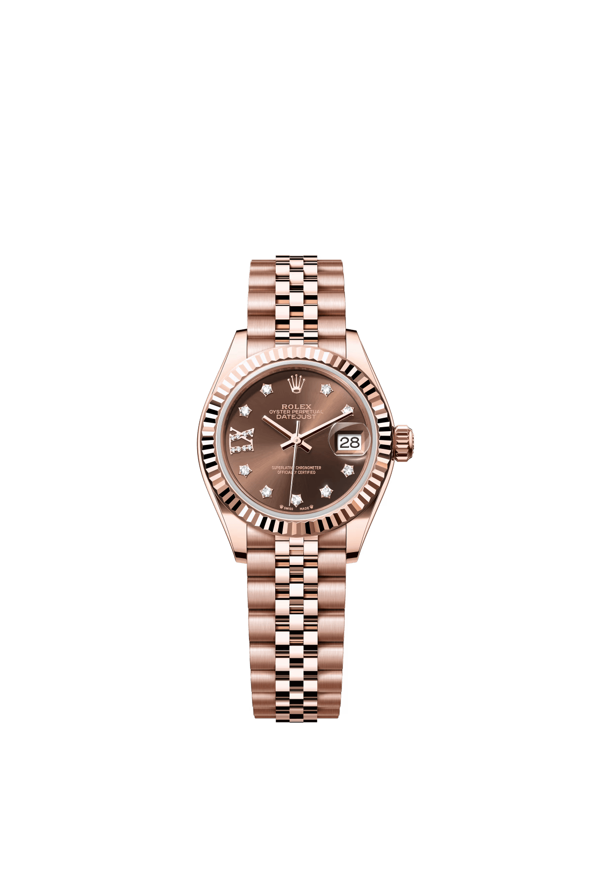 The Oyster Perpetual Lady-Datejust in 18-carat Everose gold with a chocolate-coloured diamond-set dial and a Jubilee bracelet. -m279175-0004 28mm
