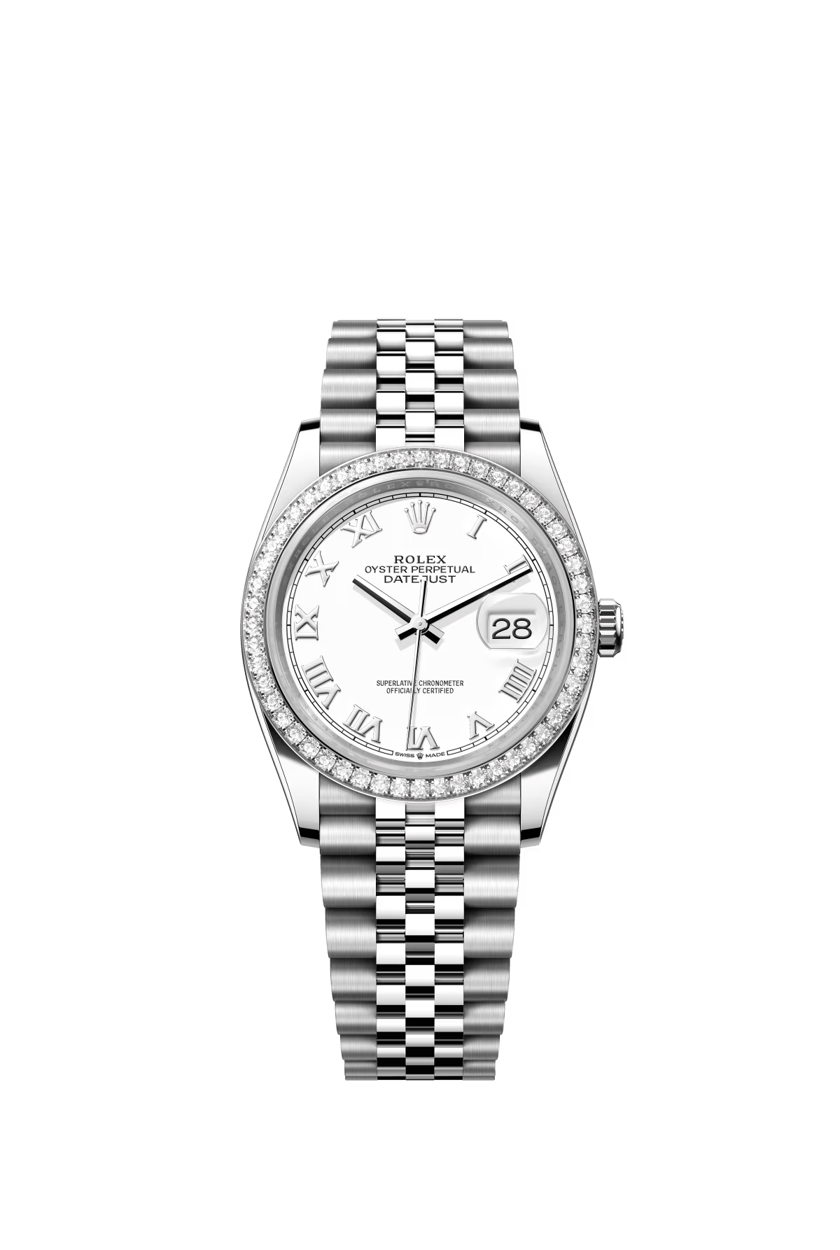 The Oyster Perpetual Datejust 36 is available in white gold and Oystersteel with a white dial and a Jubilee bracelet. -m126284rbr-0017