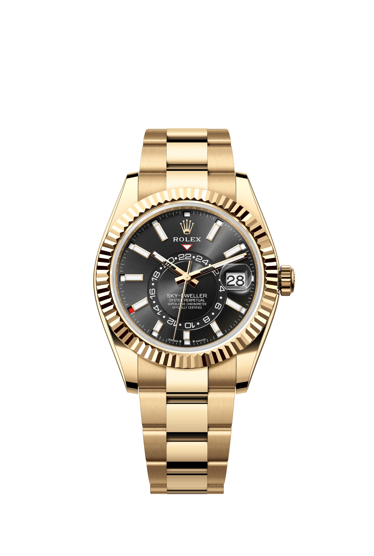 The Oyster Perpetual Sky-Dweller is available in 18 ct yellow gold with a glossy black dial and an Oyster bracelet. -m336938-0002 42mm