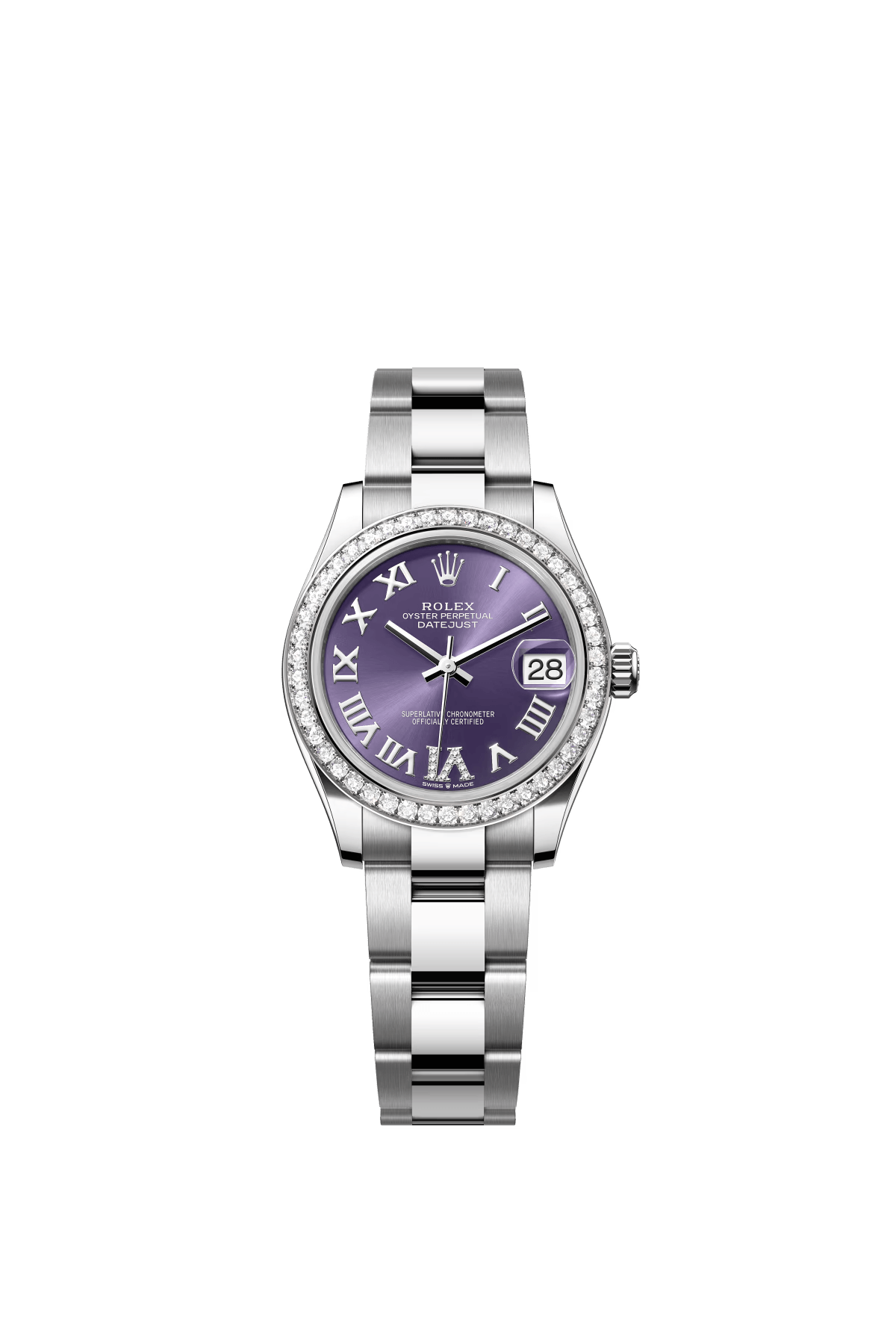 The Oyster Perpetual Datejust 31 is available in white gold and Oystersteel with a diamond-set eggplant purple dial and an Oyster bracelet. -m278384rbr-0029