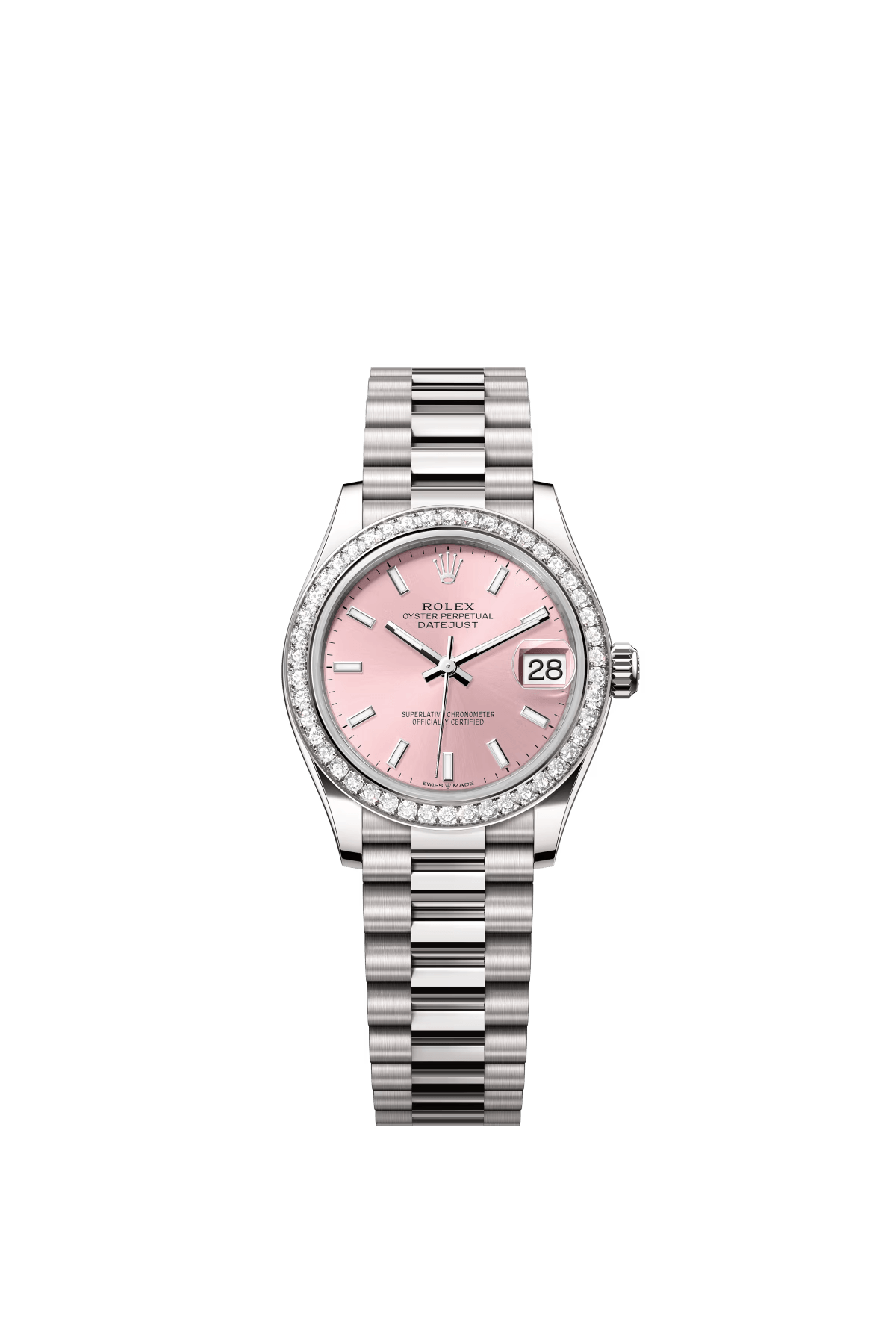 The Oyster Perpetual Datejust 31 is in 18-carat white gold with a pink dial and a President bracelet. -m278289rbr-0013