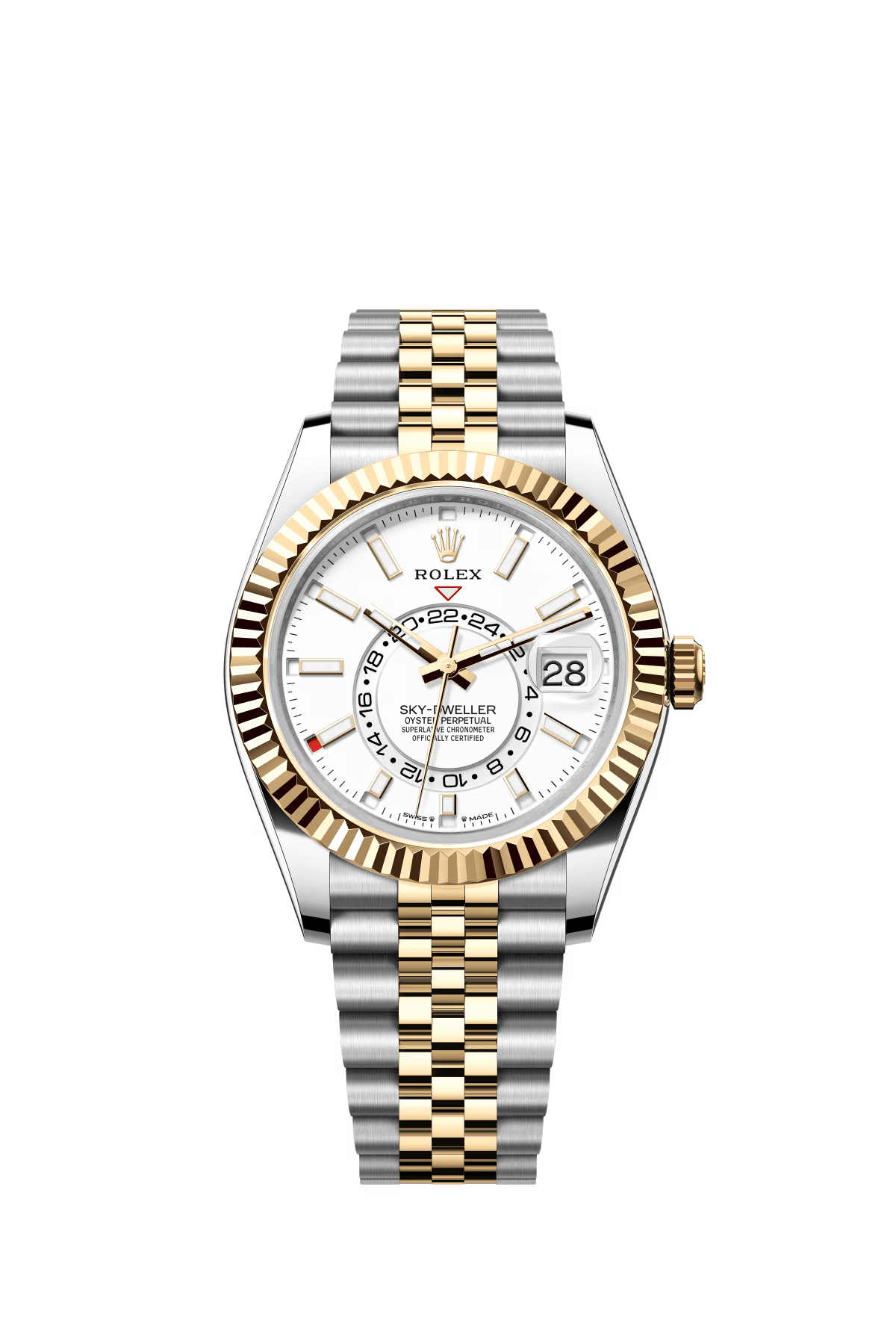 The Oyster Perpetual Sky-Dweller is available in yellow gold and Oystersteel with a mellow white dial and a Jubilee bracelet. -m336933-0006 42mm