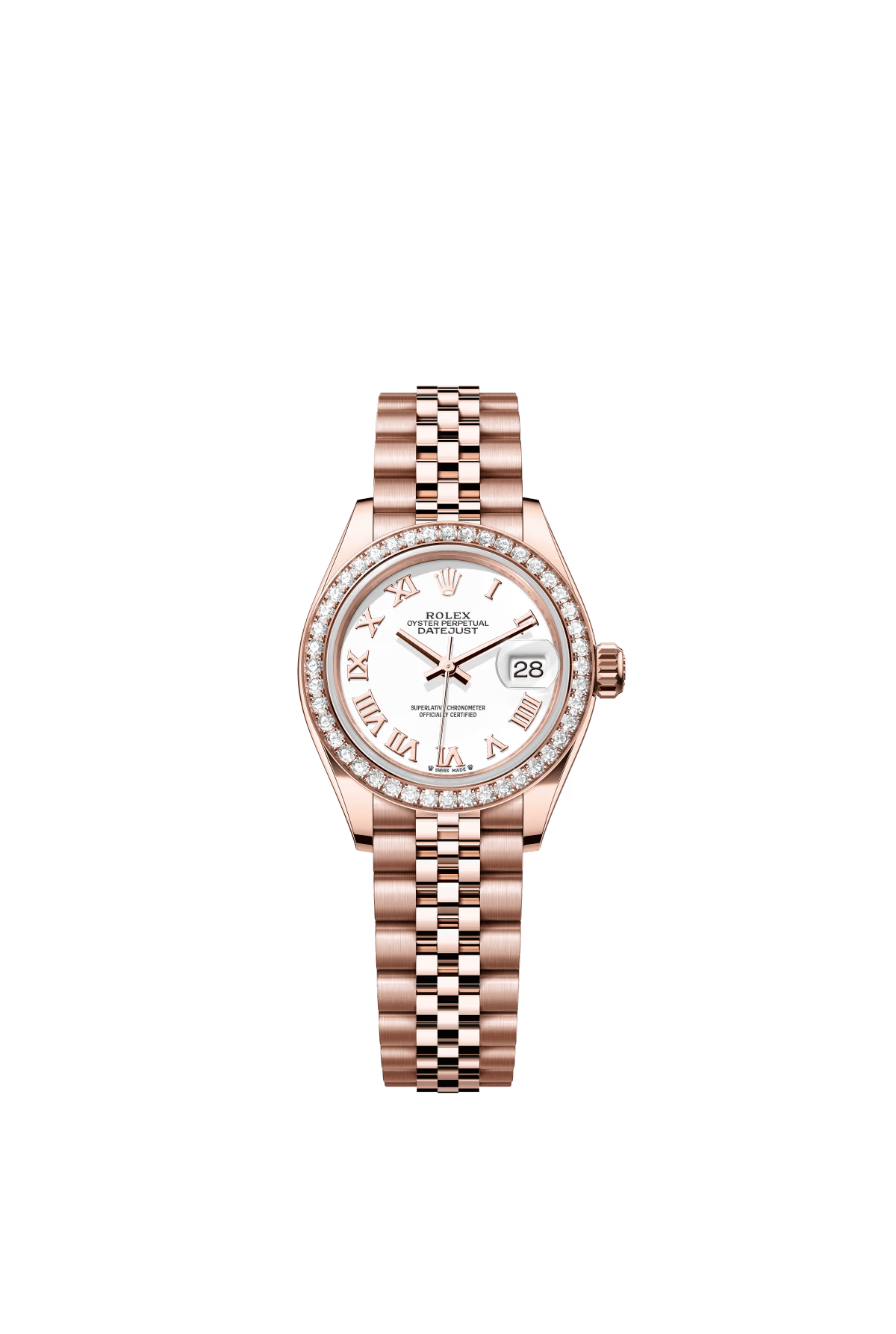 The Oyster Perpetual Lady-Datejust in 18 ct Everose gold with a white dial and Jubilee bracelet. -m279135rbr-0024 28mm