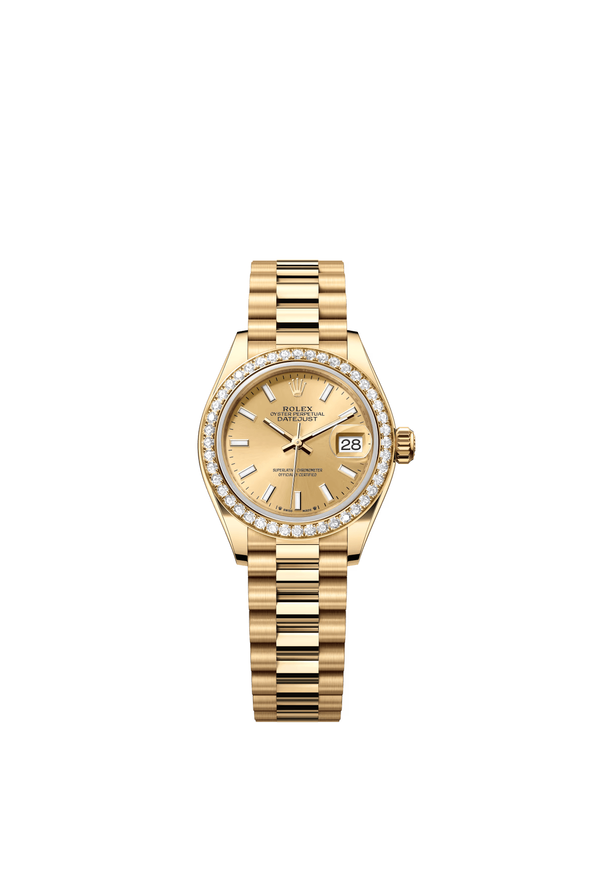 The Oyster Perpetual Lady-Datejust in 18 ct yellow gold with a champagne-coloured dial and President bracelet. -m279138rbr-0014 28mm