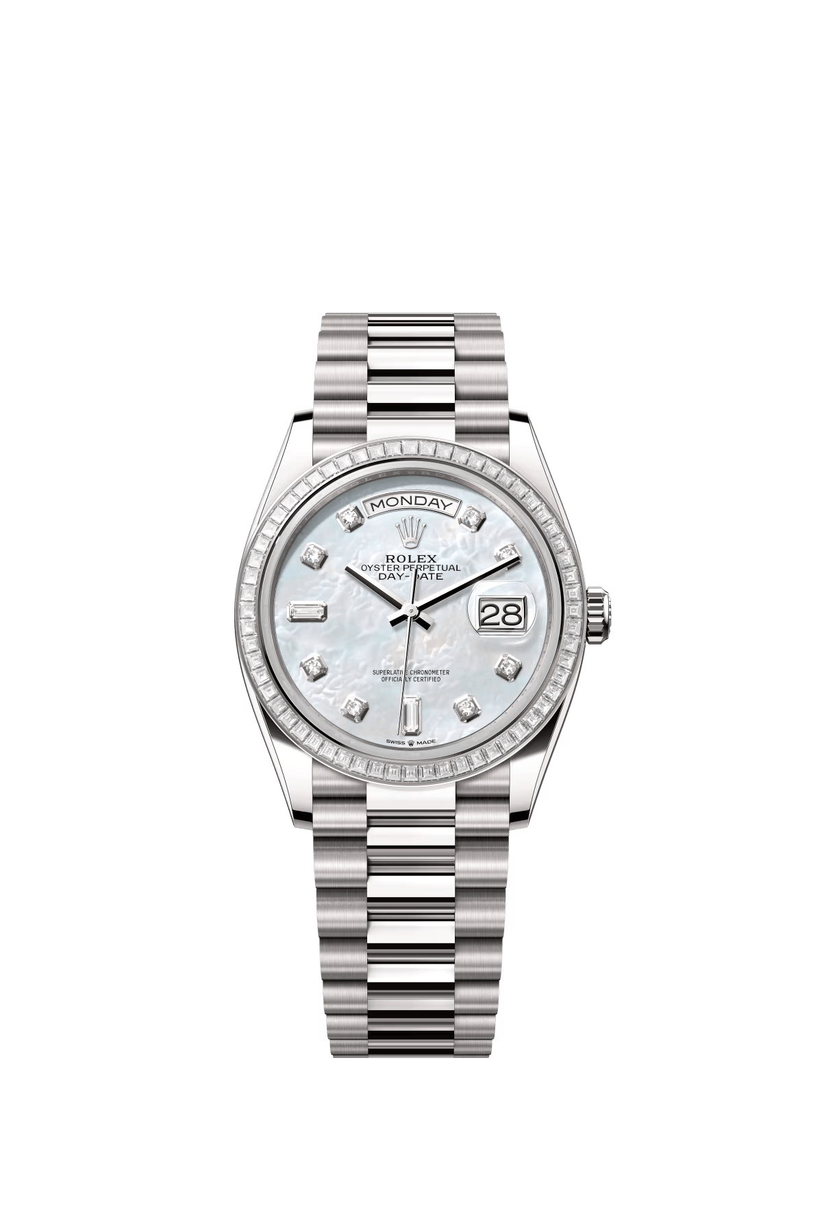 The Oyster Perpetual Day-Date 36 is available in 18 ct white yellow gold with a diamond-set white mother-of-pearl dial, a diamond-set bezel and a President bracelet. -m128399tbr-0003
