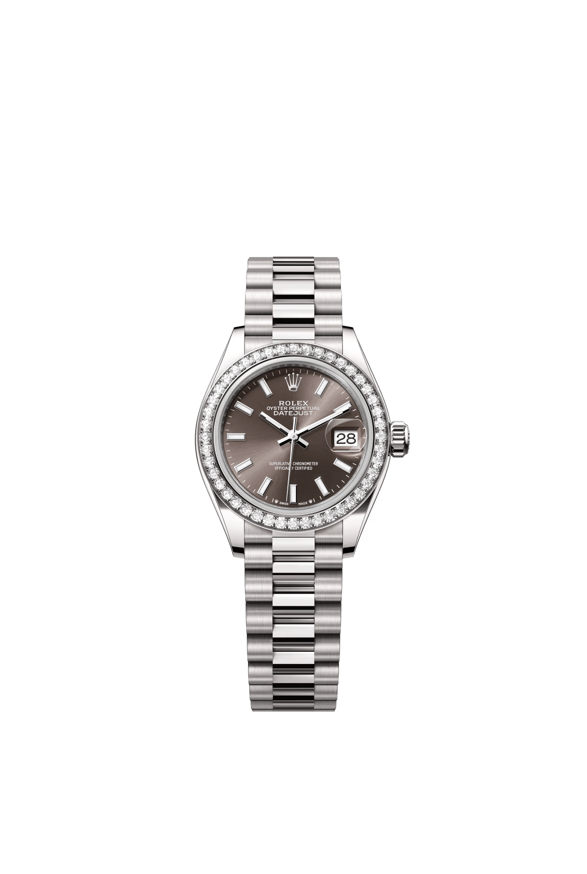 The Oyster Perpetual Lady-Datejust in 18K white gold with a dark grey dial and President bracelet. -m279139rbr-0009 28mm