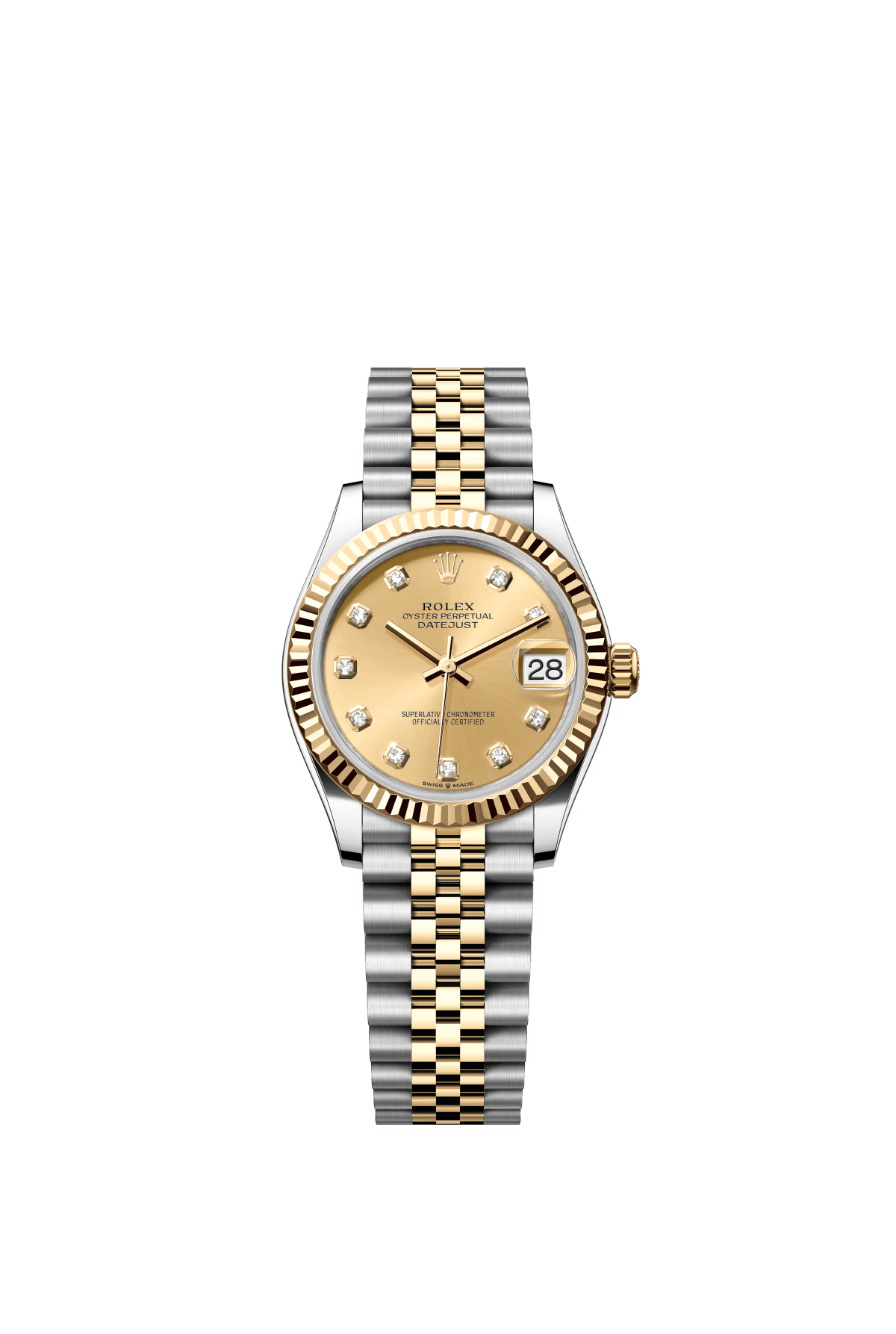 The Oyster Perpetual Datejust 31 is available in yellow gold and Oystersteel, with a champagne-coloured diamond-set dial and a Jubilee bracelet. -m278273-0026