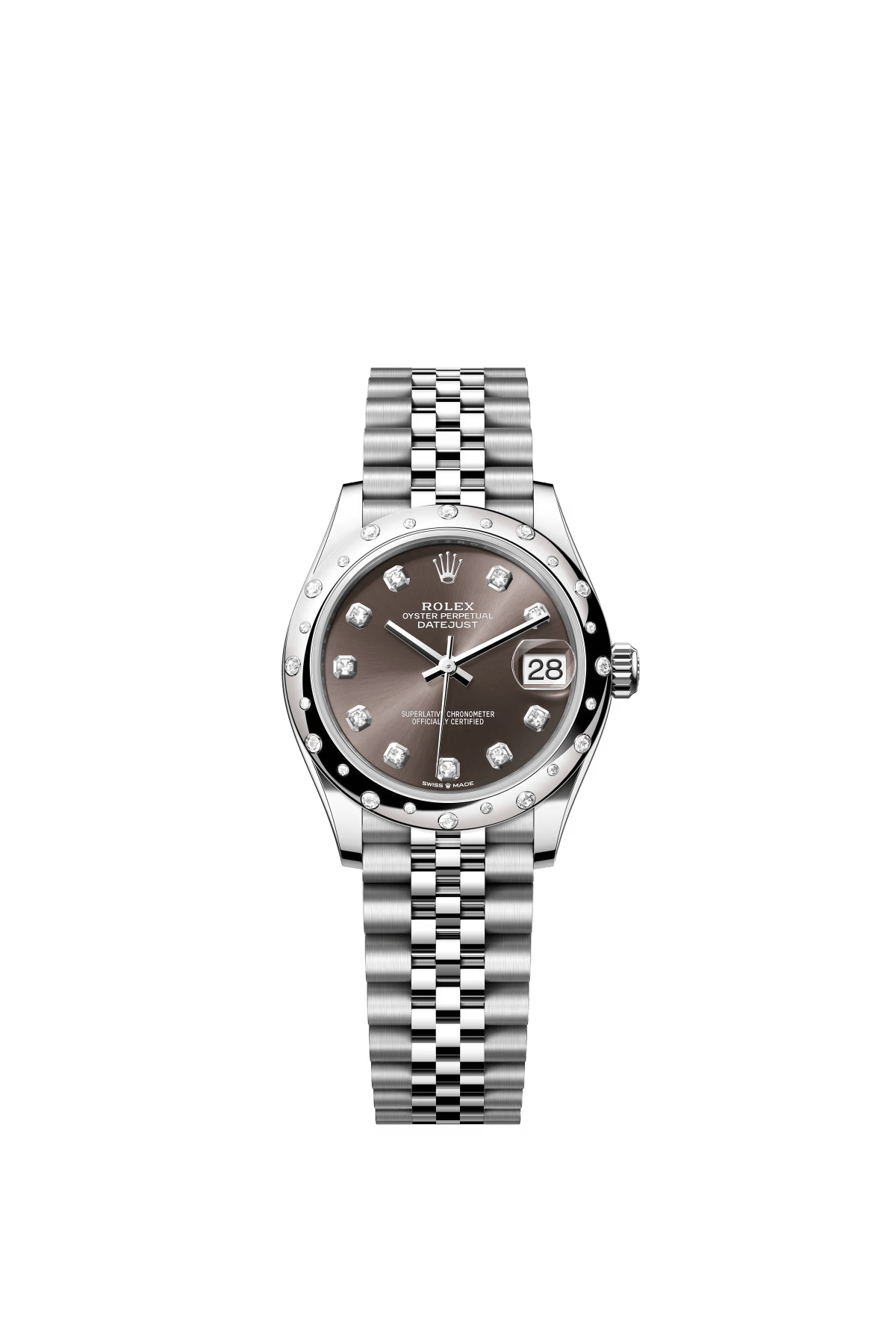 The Oyster Perpetual Datejust 31 is available in white gold and Oystersteel with a diamond-set dark grey dial and a Jubilee bracelet. -m278344rbr-0008