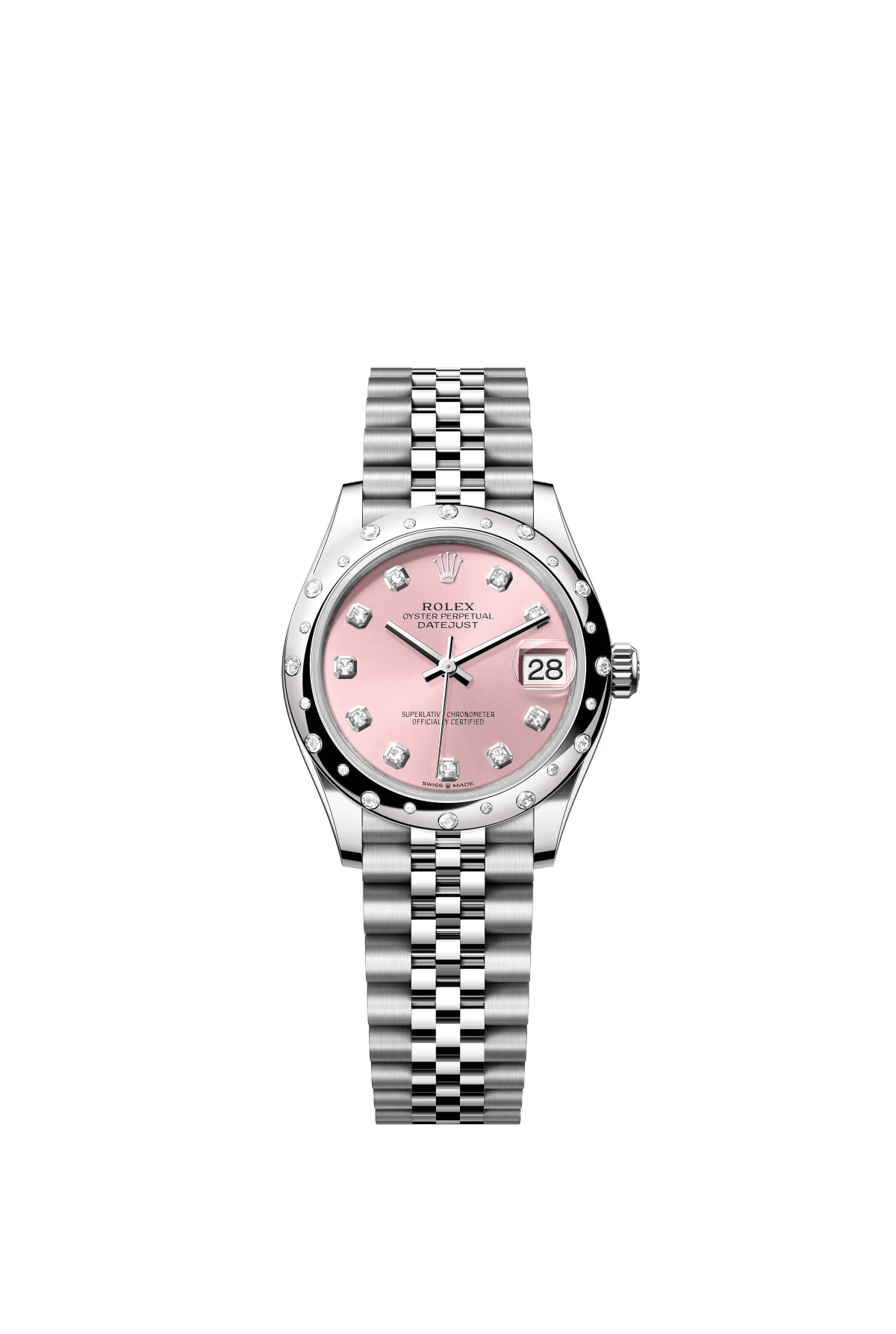 The Oyster Perpetual Datejust 31 is available in white gold and Oystersteel with a pink diamond-set dial and a Jubilee bracelet. -m278344rbr-0034