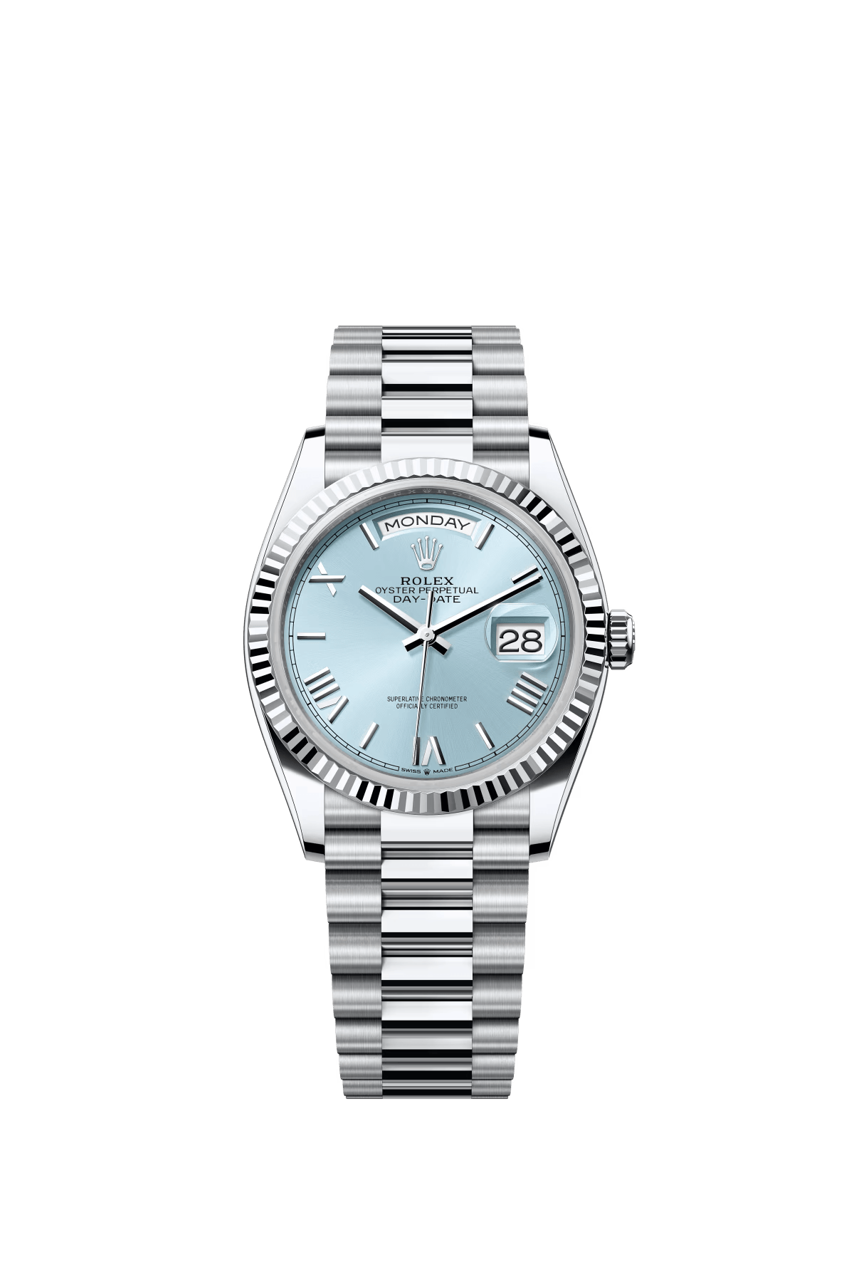 The Oyster Perpetual Day-Date 36 in platinum with an ice-blue dial, fluted bezel and President bracelet. -m128236-0018