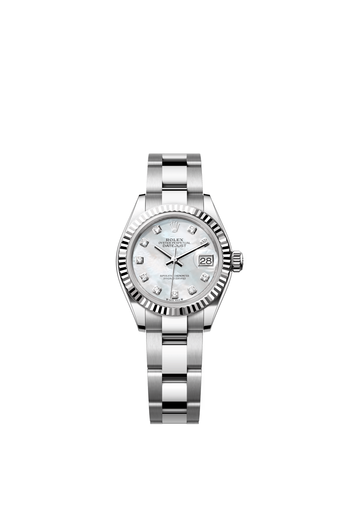 The Oyster Perpetual Lady-Datejust in white gold and Oystersteel with a diamond-set white mother-of-pearl dial and an Oyster bracelet. -m279174-0010 28mm