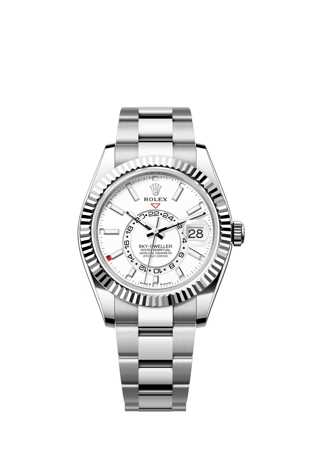 The Oyster Perpetual Sky-Dweller is available in white gold and Oyster steel with a mellow white dial and Oyster bracelet. -m336934-0003 42mm