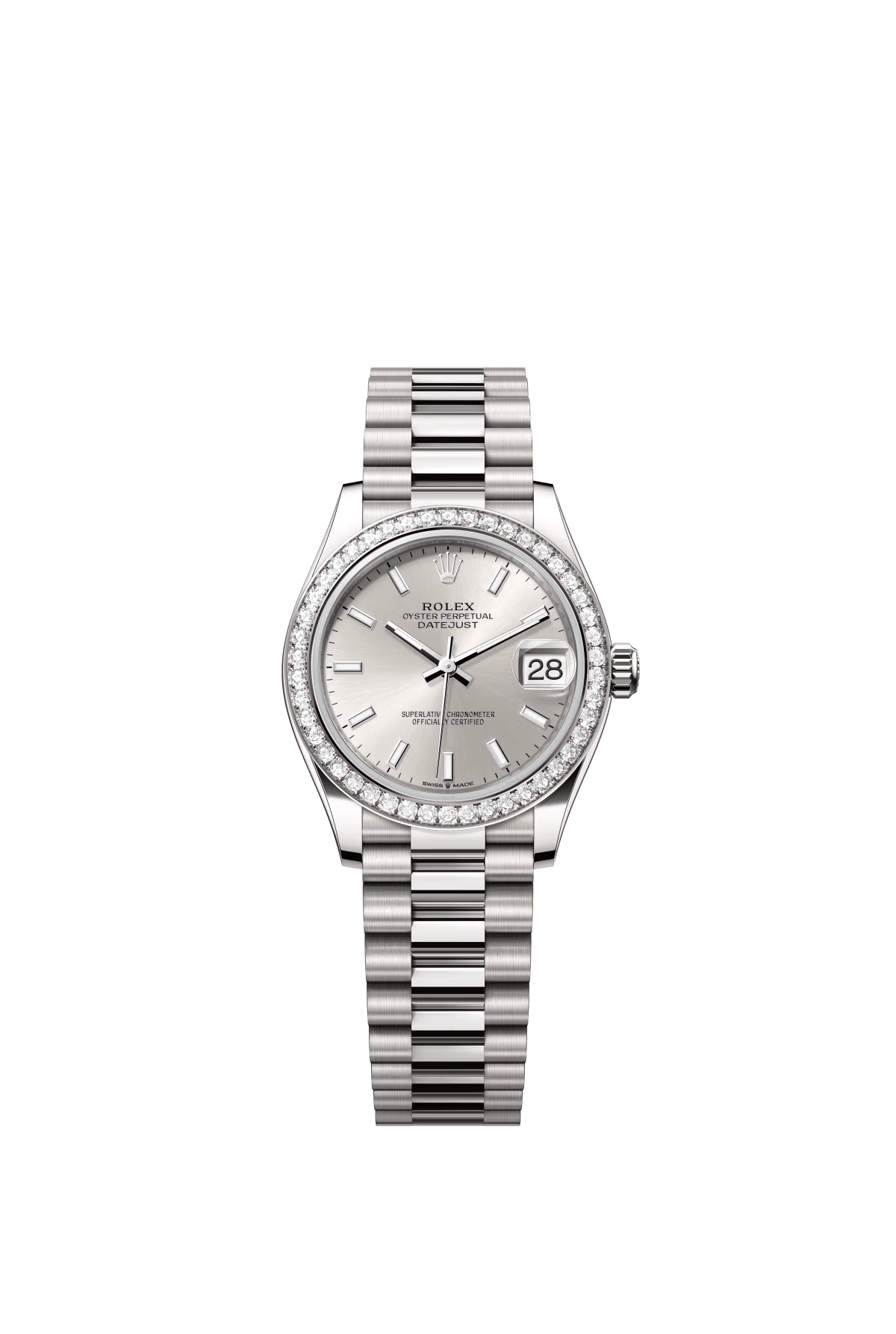 The Oyster Perpetual Datejust 31 is available in 18 ct white gold with a silver dial and a President bracelet. -m278289rbr-0012
