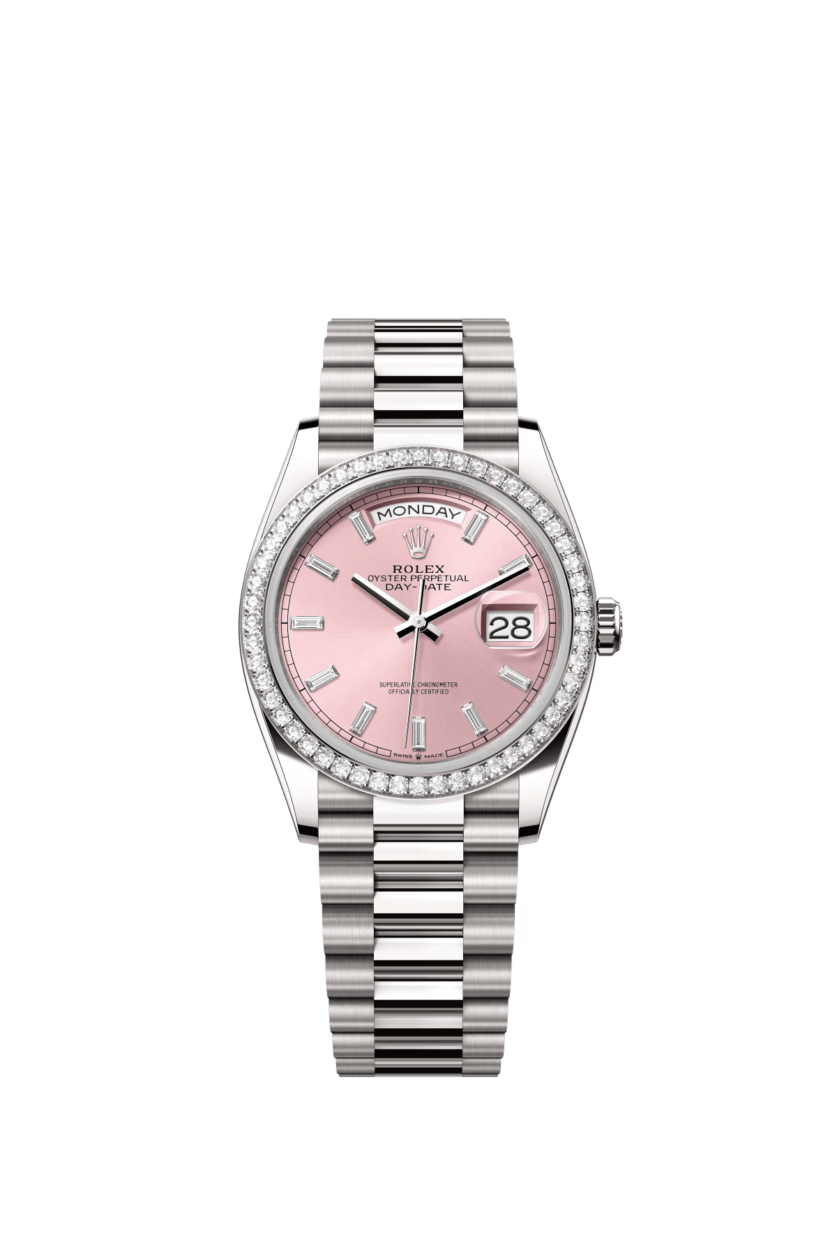 The Oyster Perpetual Day-Date 36 in 18 ct white gold with a diamond-set pink dial, diamond-set bezel and President bracelet. -m128349rbr-0053