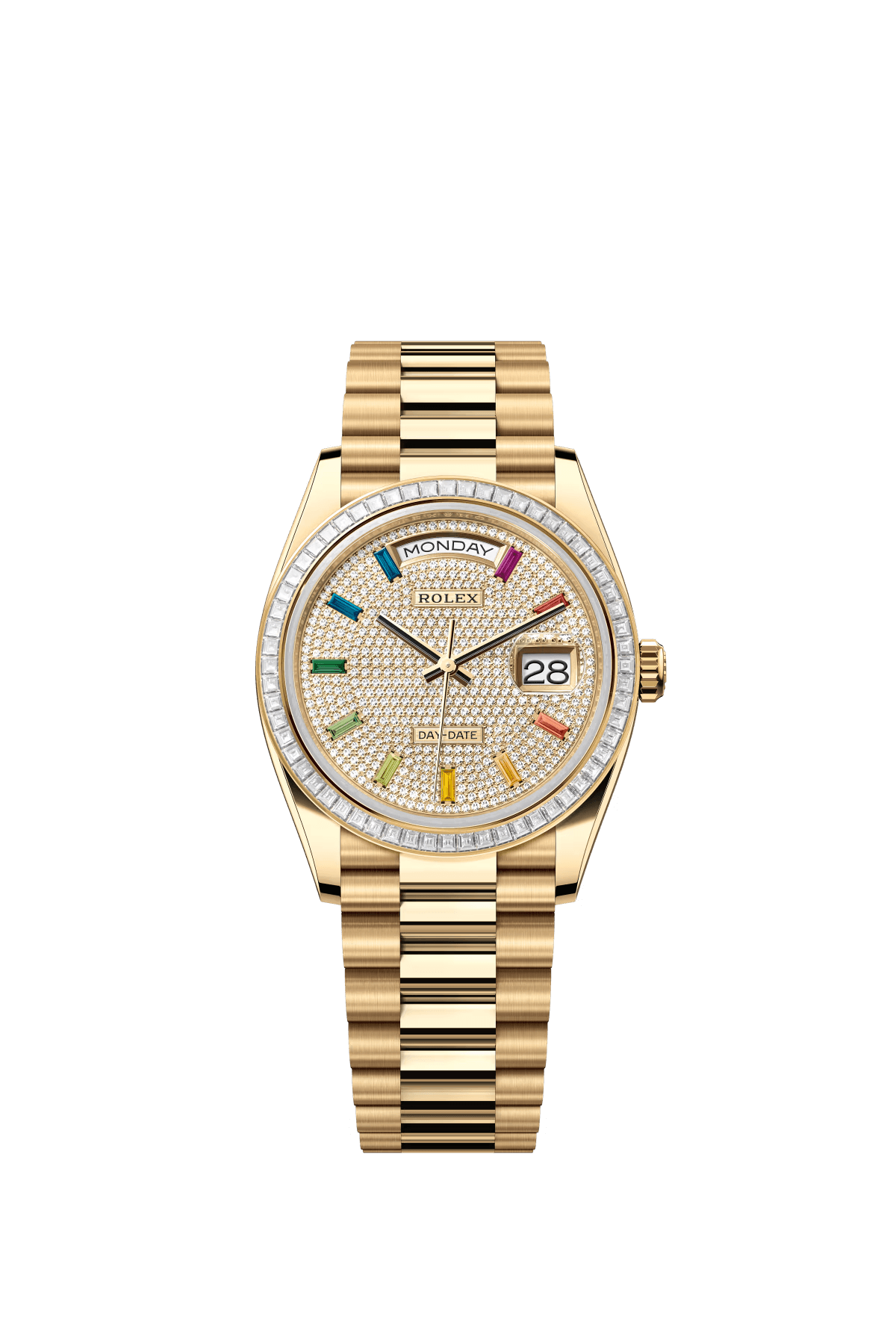 The Oyster Perpetual Day-Date 36 in 18 ct yellow gold with a diamond-paved dial, diamond-set bezel and President bracelet. -m128398tbr-0012