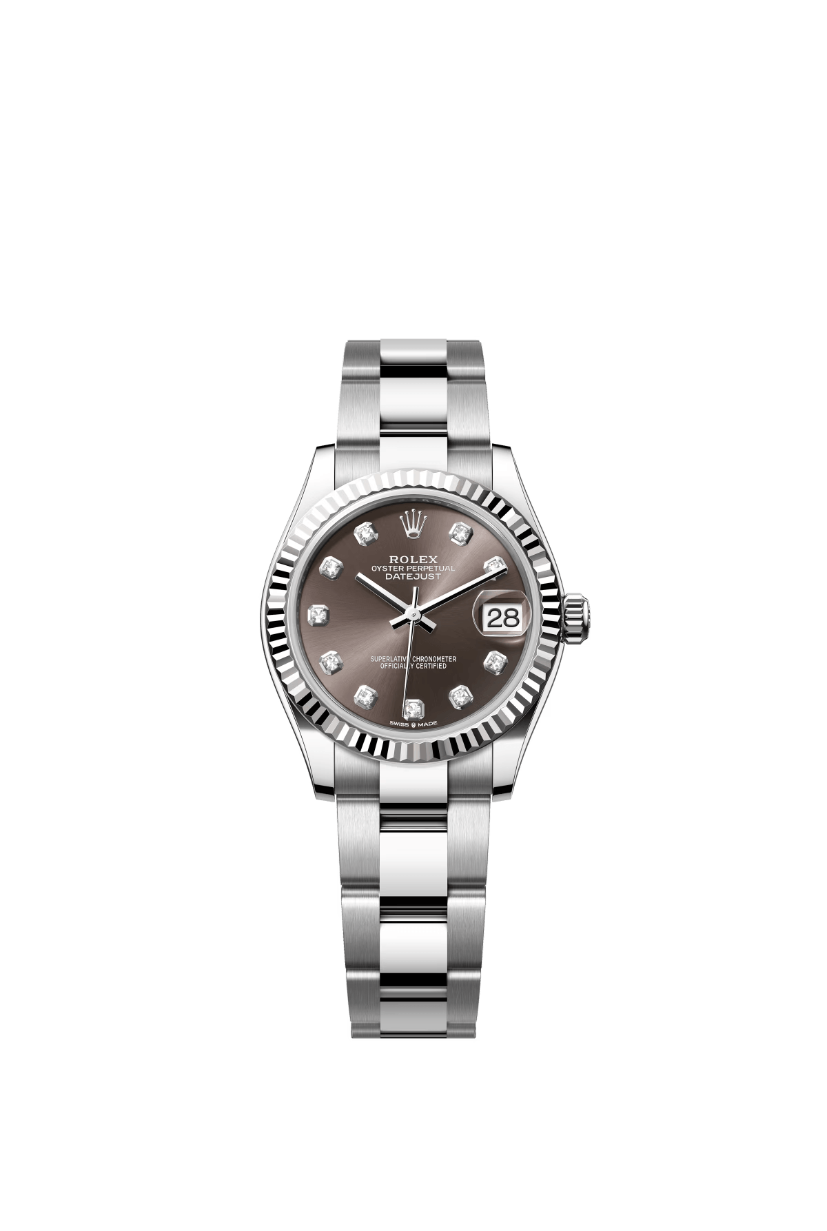 The Oyster Perpetual Datejust 31 in white gold and Oystersteel with a diamond-set dark grey dial and an Oyster bracelet. -m278274-0007