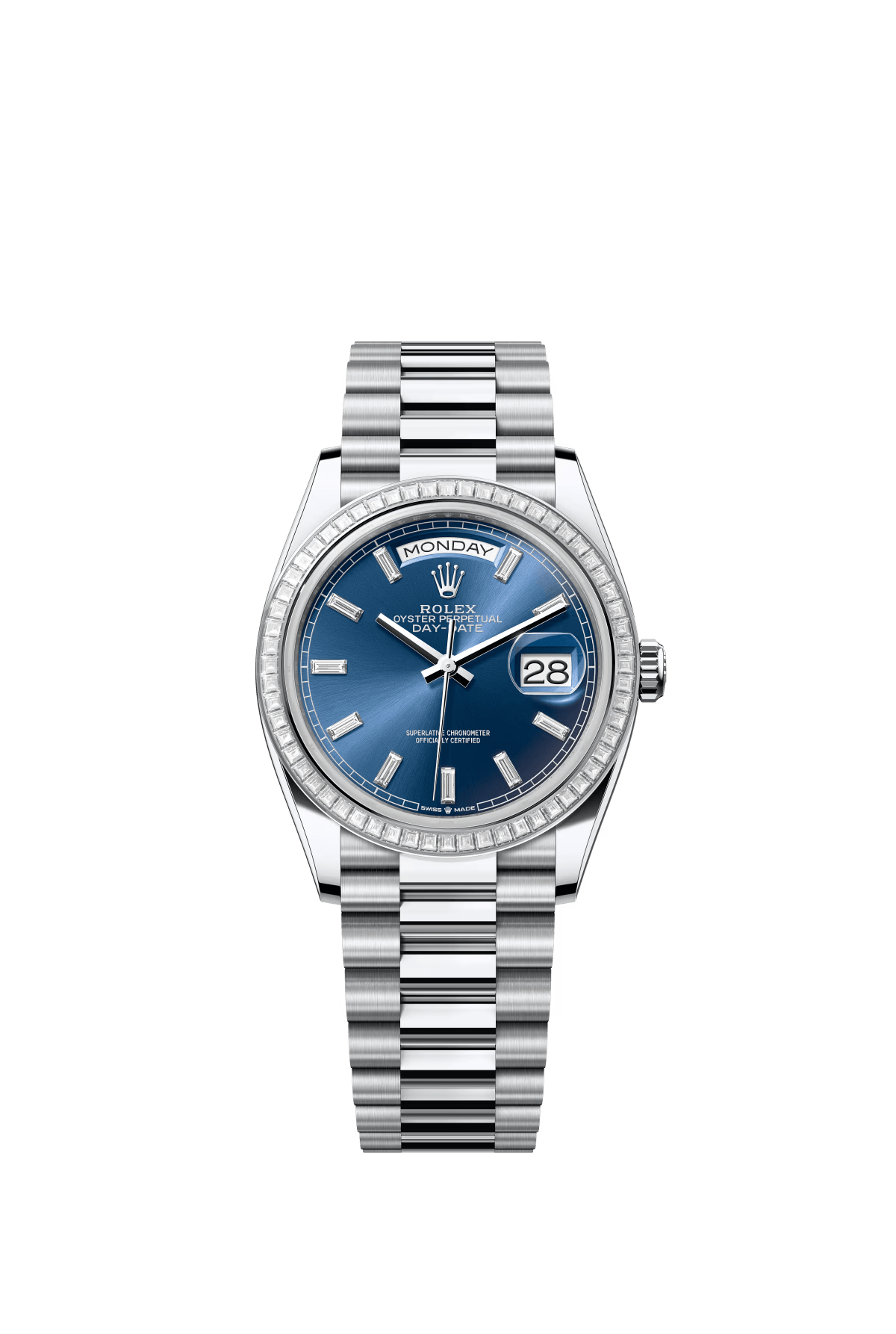 The Oyster Perpetual Day-Date 36 in platinum features a brilliant blue dial set with diamonds, a diamond-set bezel and a President bracelet. -m128396tbr-0024