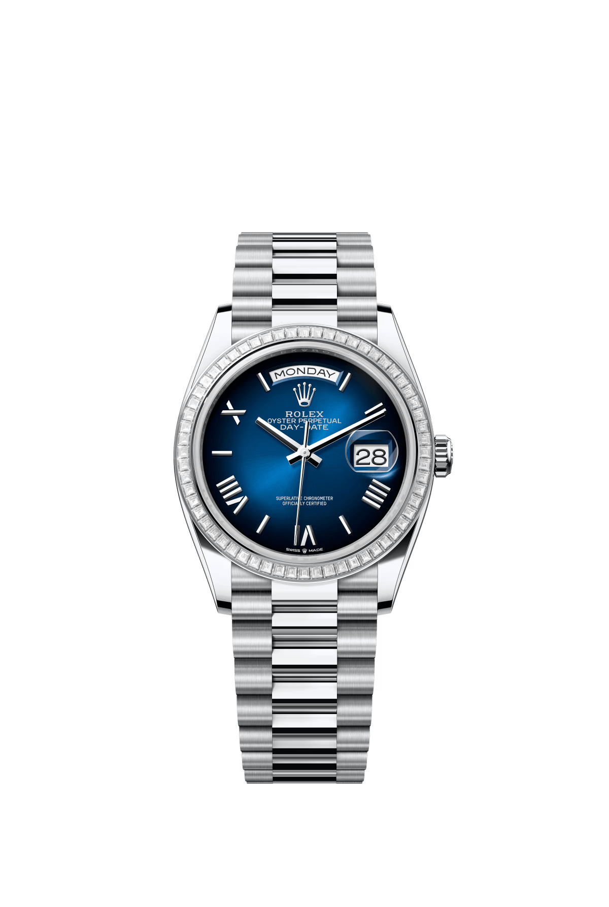 The Oyster Perpetual Day-Date 36 in platinum features a gradient blue dial, a diamond-set bezel and a President bracelet. -m128396tbr-0021