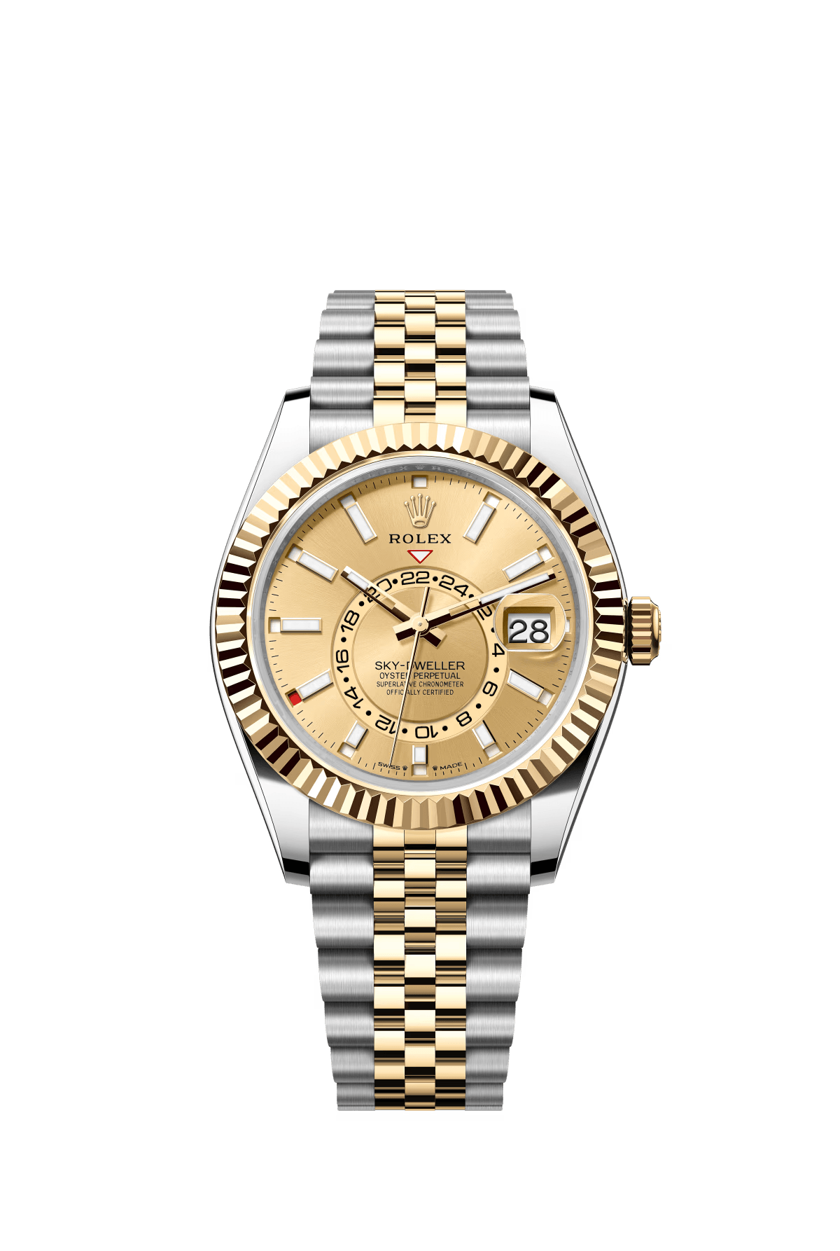 The Oyster Perpetual Sky-Dweller is available in yellow gold and Oystersteel with a champagne-coloured dial and a Jubilee bracelet. -m336933-0002 42mm
