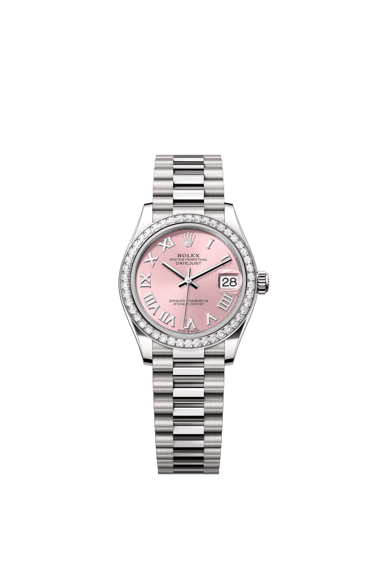 The Oyster Perpetual Datejust 31 is in 18-carat white gold with a pink dial and a President bracelet. -m278289rbr-0016