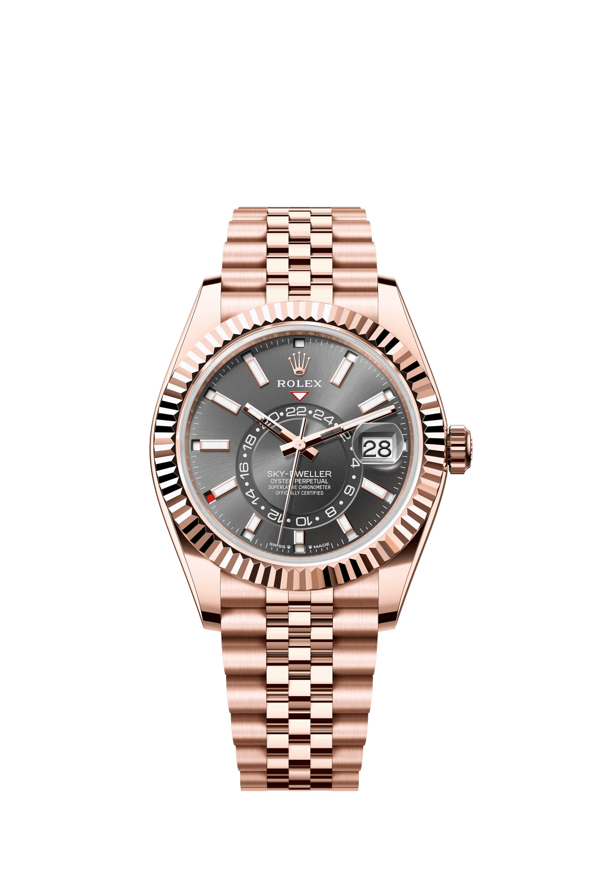 The Oyster Perpetual Sky-Dweller in 18 ct Everose gold with a slate grey dial and a Jubilee bracelet. -m336935-0008 42mm
