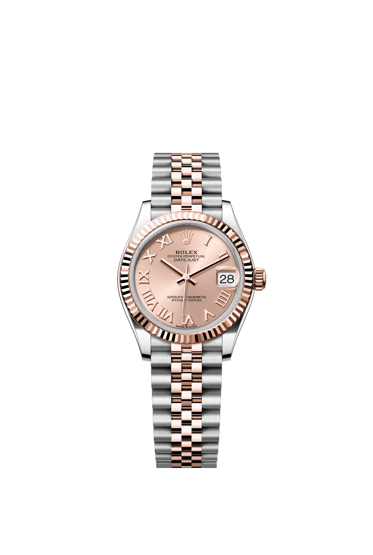 The Oyster Perpetual Datejust 31 is available in Everose gold and Oystersteel with a rose gold dial and a Jubilee bracelet. -m278271-0006