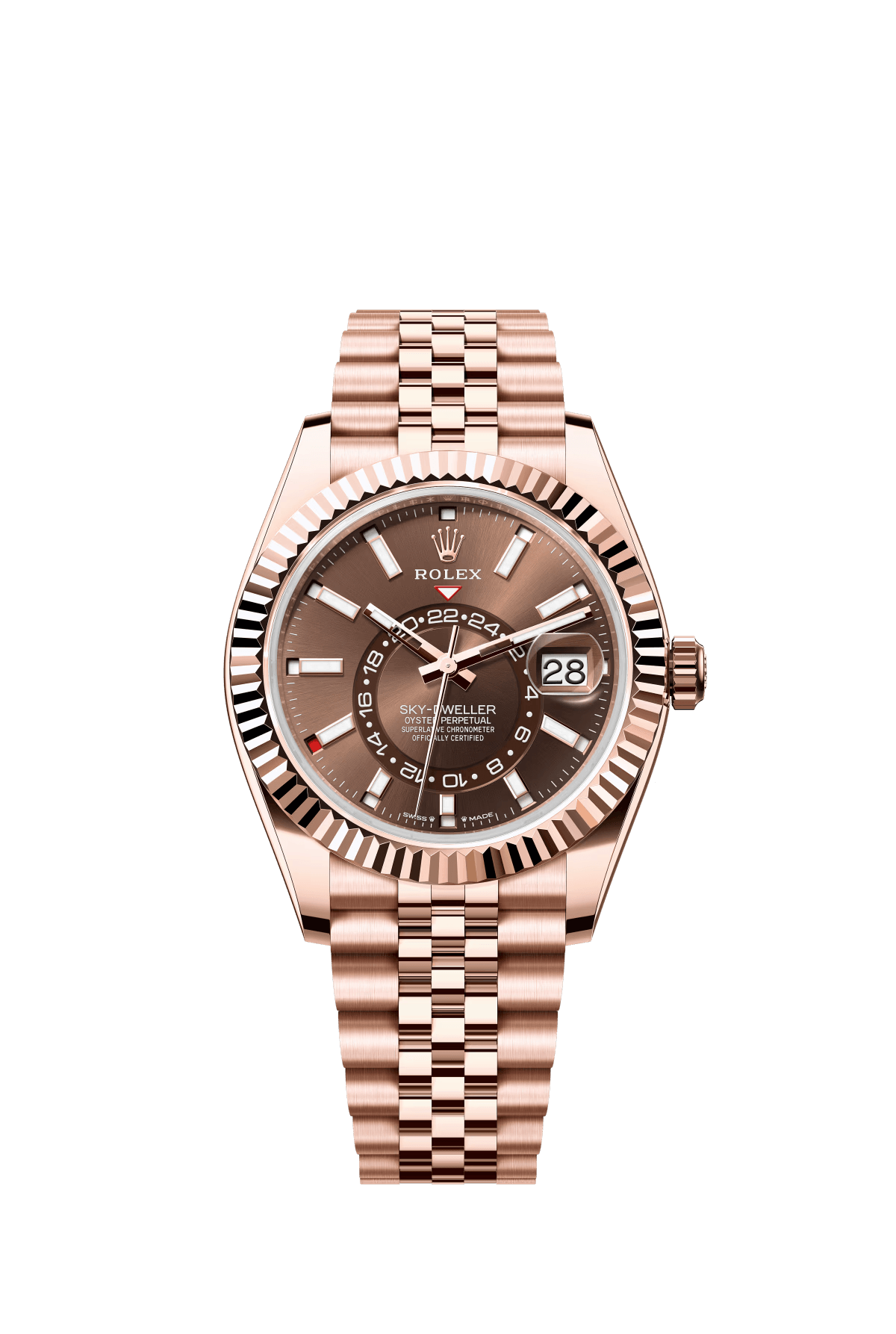 The Oyster Perpetual Sky-Dweller in 18 ct Everose gold with a chocolate-coloured dial and a Jubilee bracelet. -m336935-0006 42mm