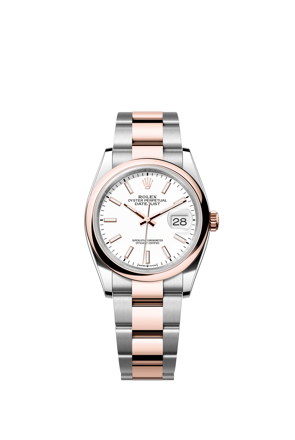 The Oyster Perpetual Datejust 36 is available in Everose gold and Oystersteel, with a white dial and an Oyster bracelet. -m126201-0018