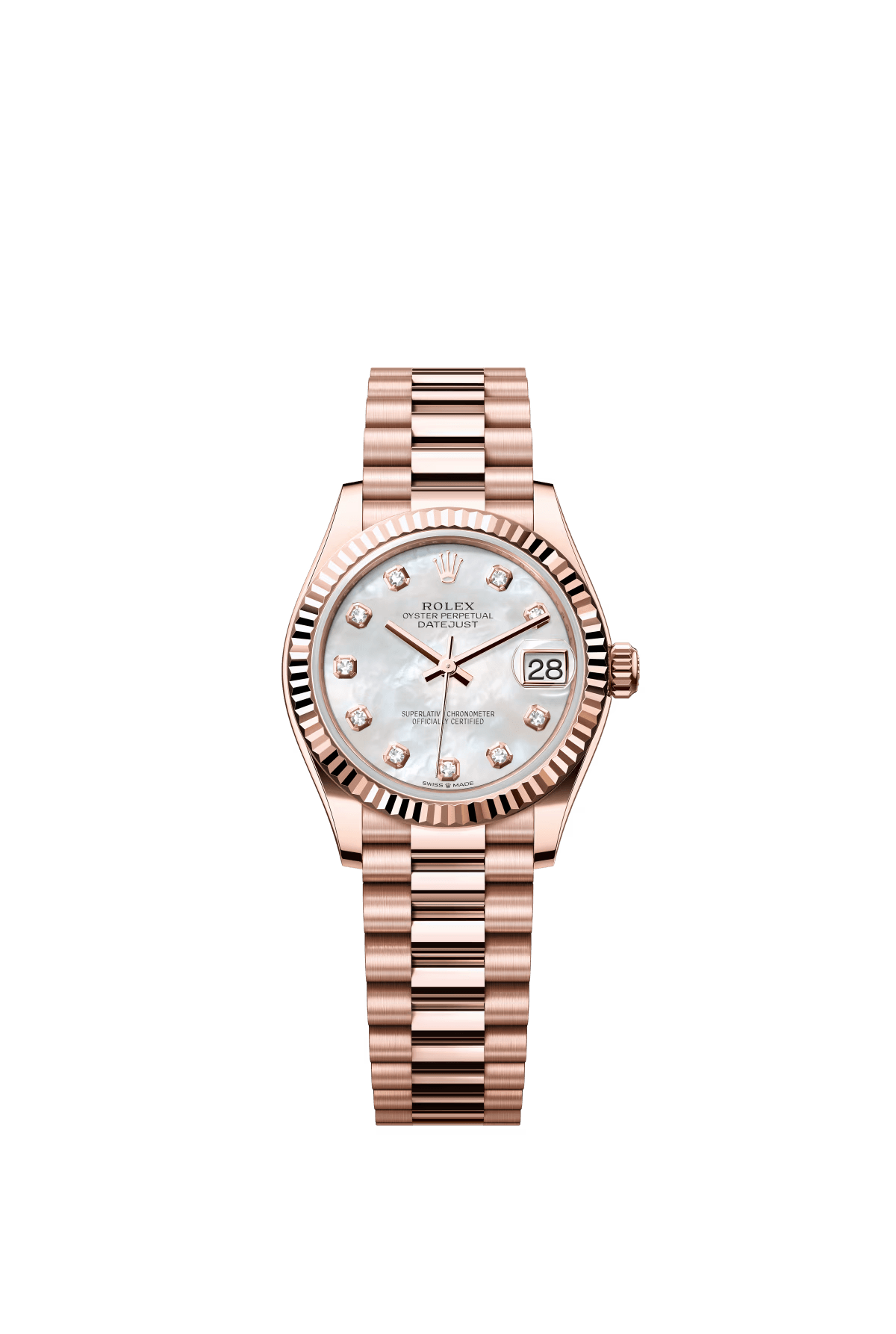 The Oyster Perpetual Datejust 31 in 18-carat Everose gold with a diamond-set white mother-of-pearl dial and a President bracelet. -m278275-0009