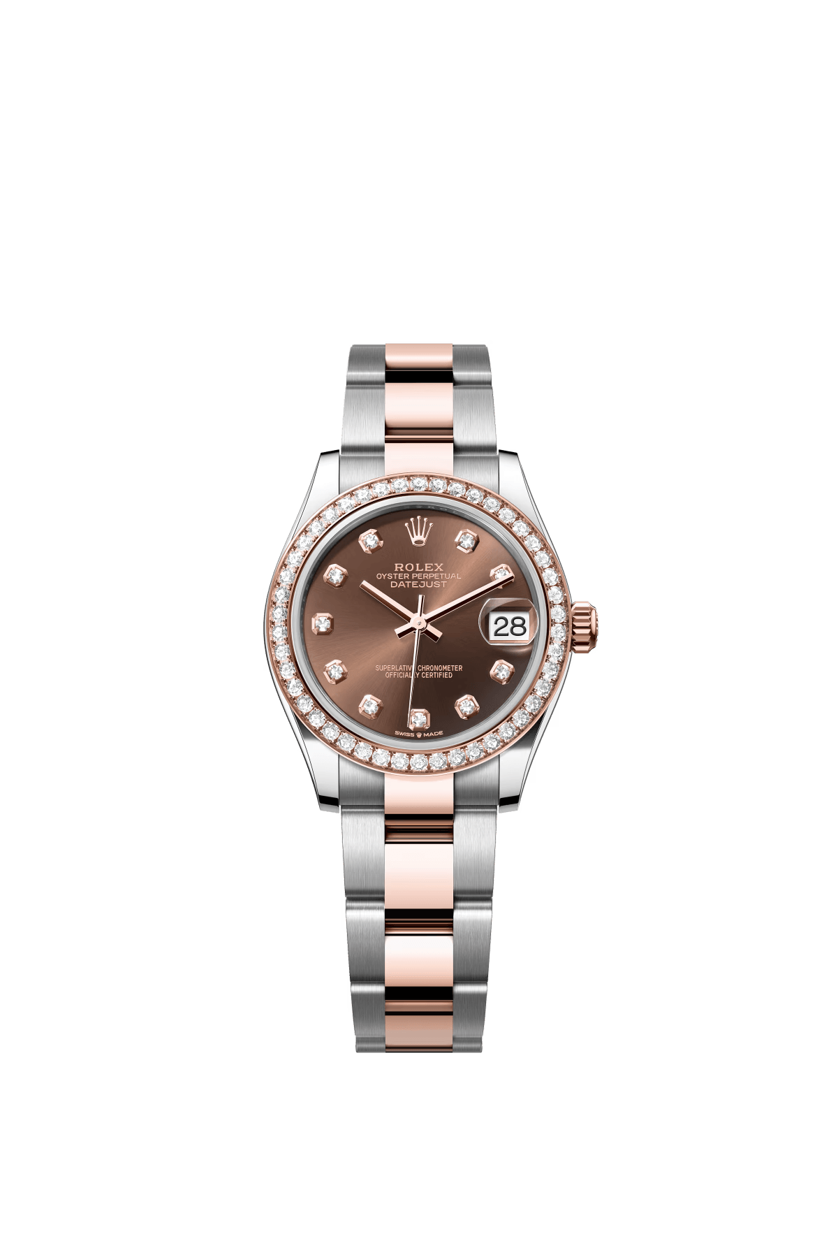 The Oyster Perpetual Datejust 31 is available in Everose gold and Oystersteel with a chocolate-coloured diamond-set dial and an Oyster bracelet. -m278381rbr-0027