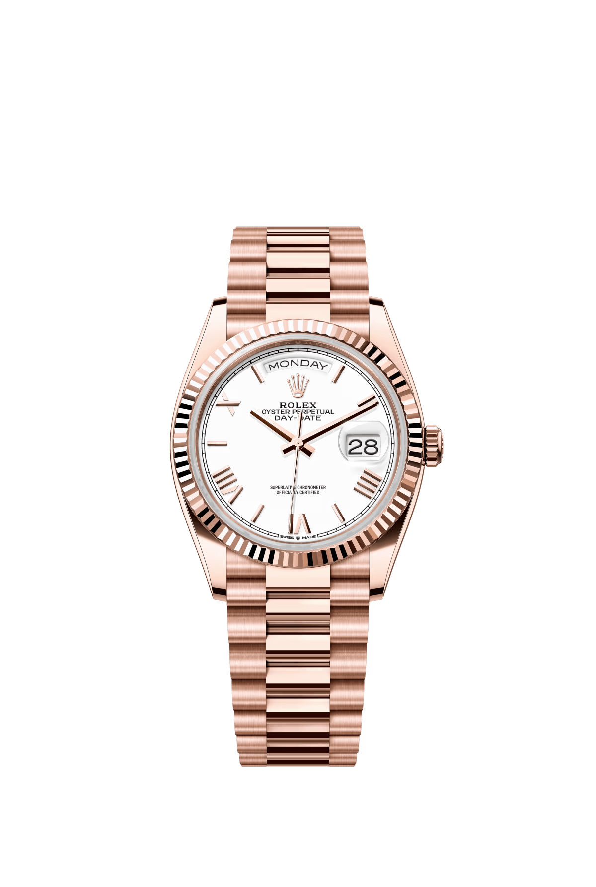 The Oyster Perpetual Day-Date 36 in 18 ct Everose gold with a white dial, fluted bezel and President bracelet. -m128235-0070