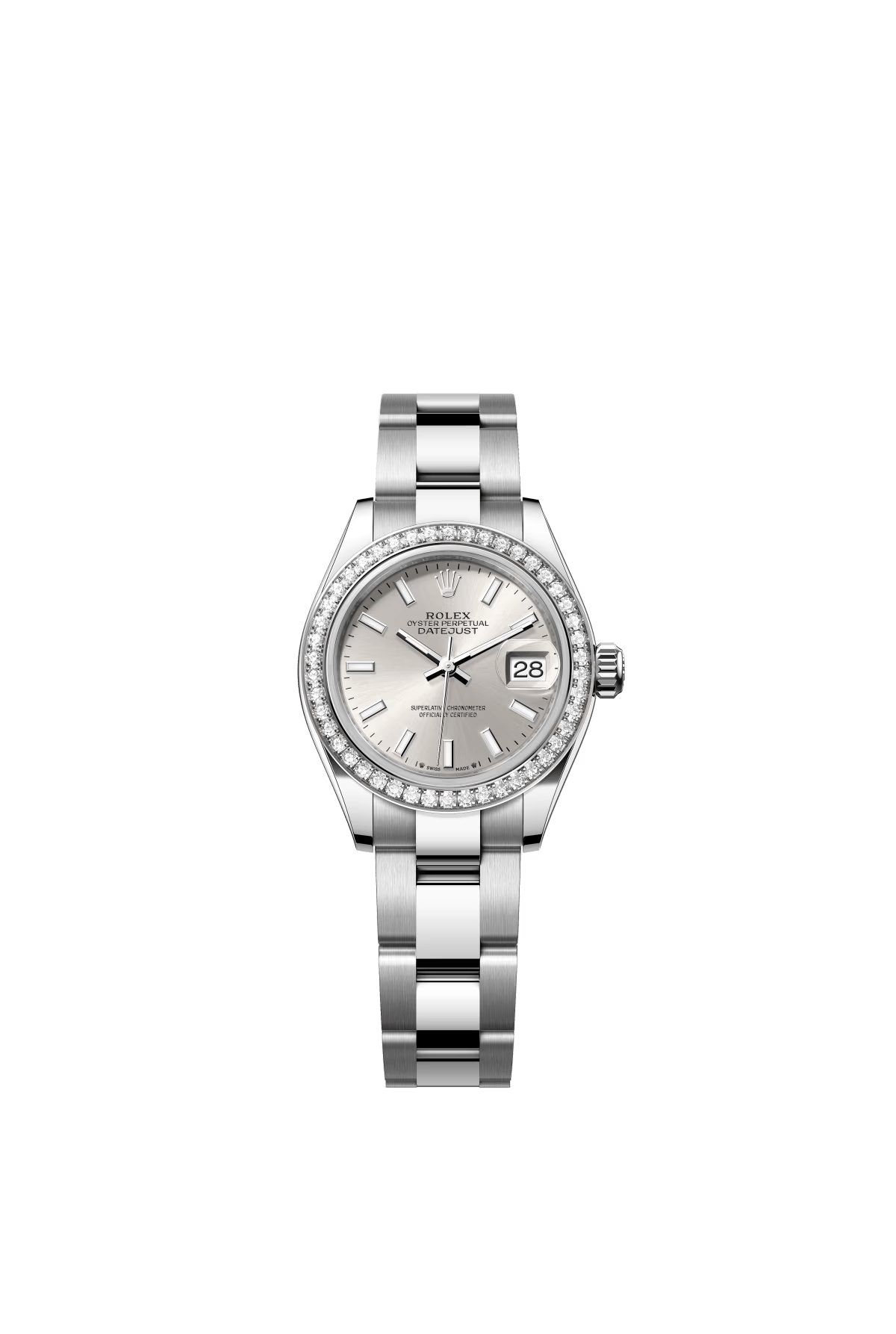 The Oyster Perpetual Lady-Datejust is available in white gold and Oystersteel with a silver dial and Oyster bracelet. -m279384rbr-0008 28mm