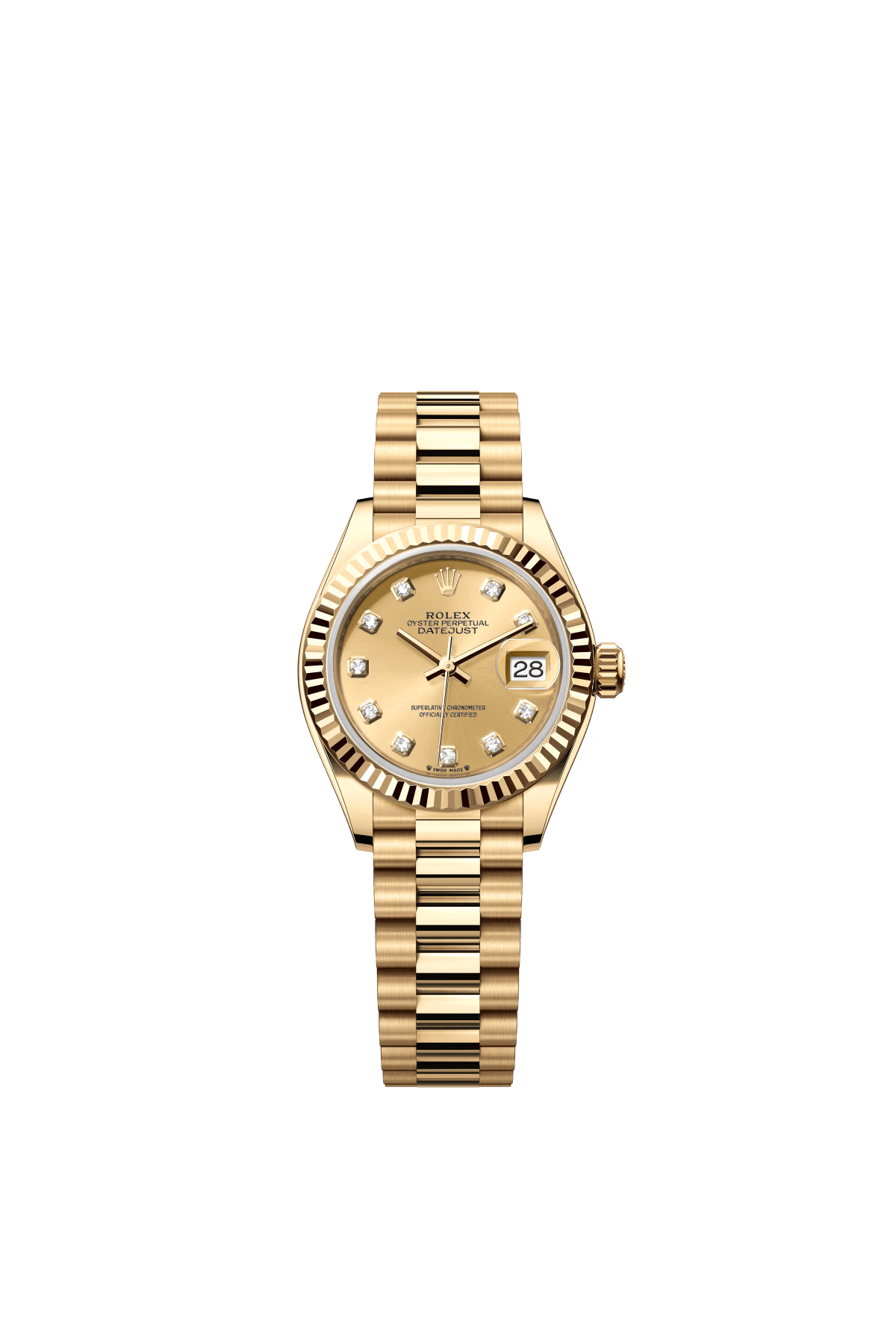 The Oyster Perpetual Lady-Datejust in 18 ct yellow gold with a diamond-set champagne dial and a President bracelet. -m279178-0017 28mm