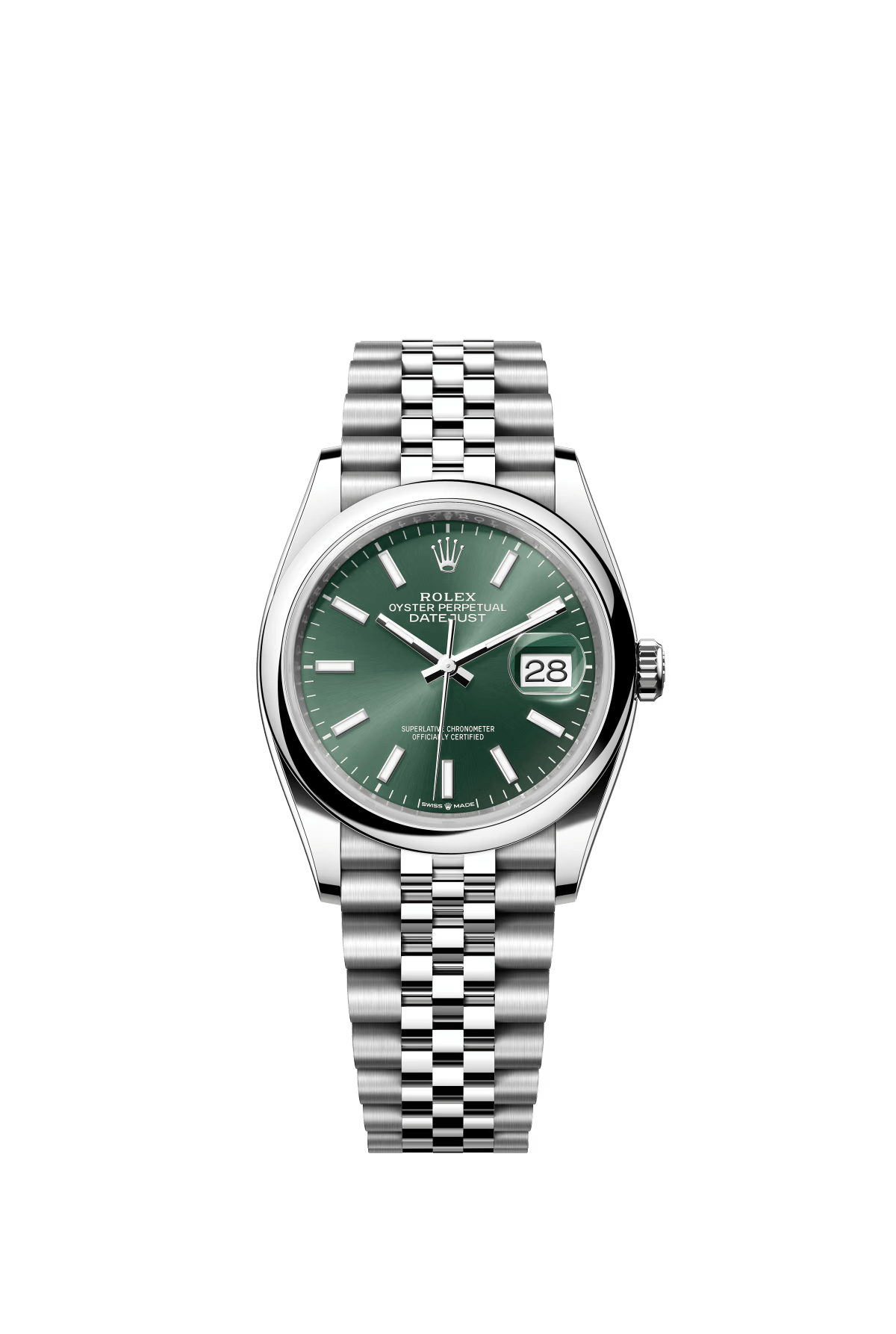 The Oyster Perpetual Datejust 36 is available in Oyster steel with a mint green dial and a Jubilee bracelet. -m126200-0023