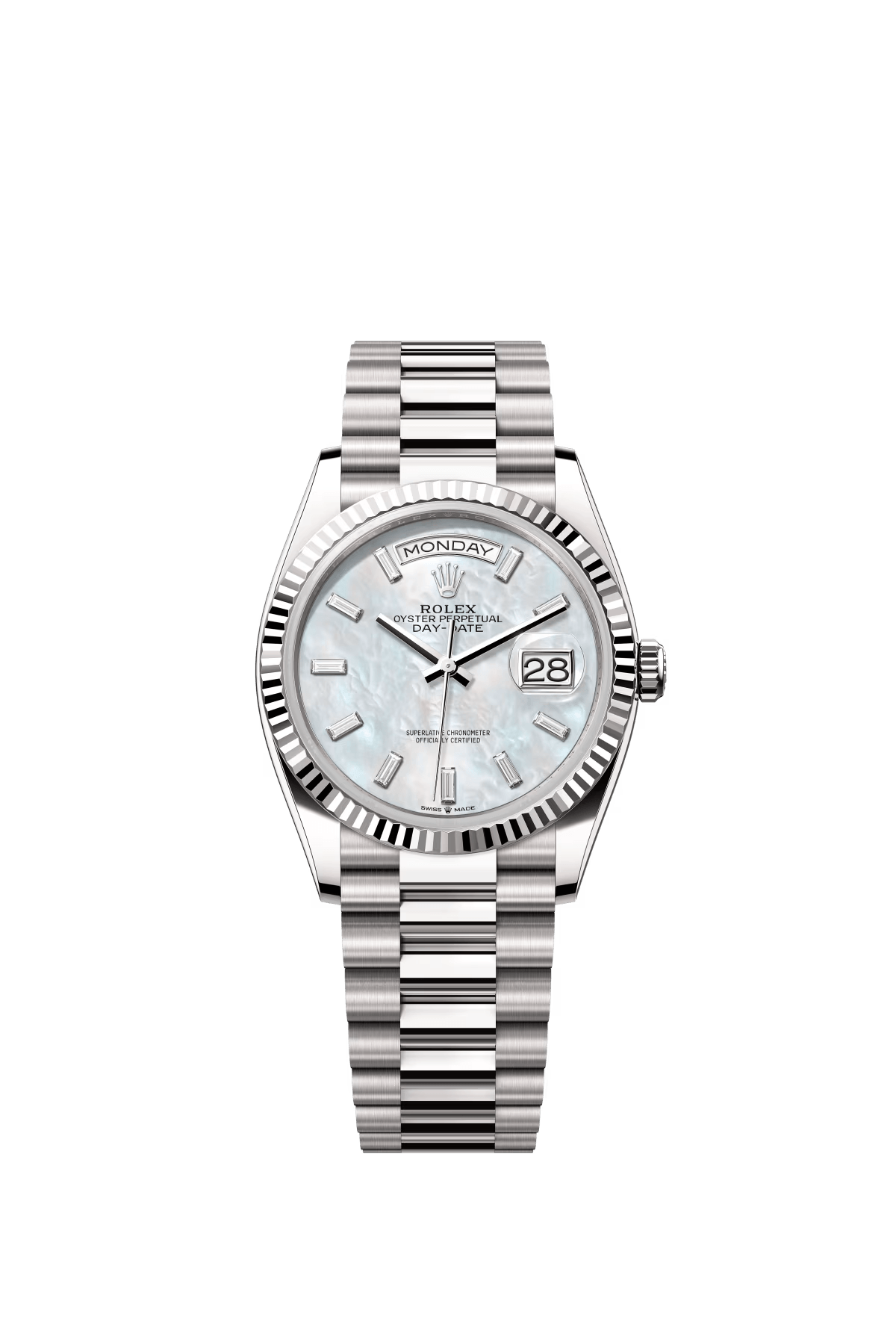 The Oyster Perpetual Day-Date 36 is available in 18 ct white yellow gold with a diamond-set white mother-of-pearl dial, fluted bezel and President bracelet. -m128239-0065
