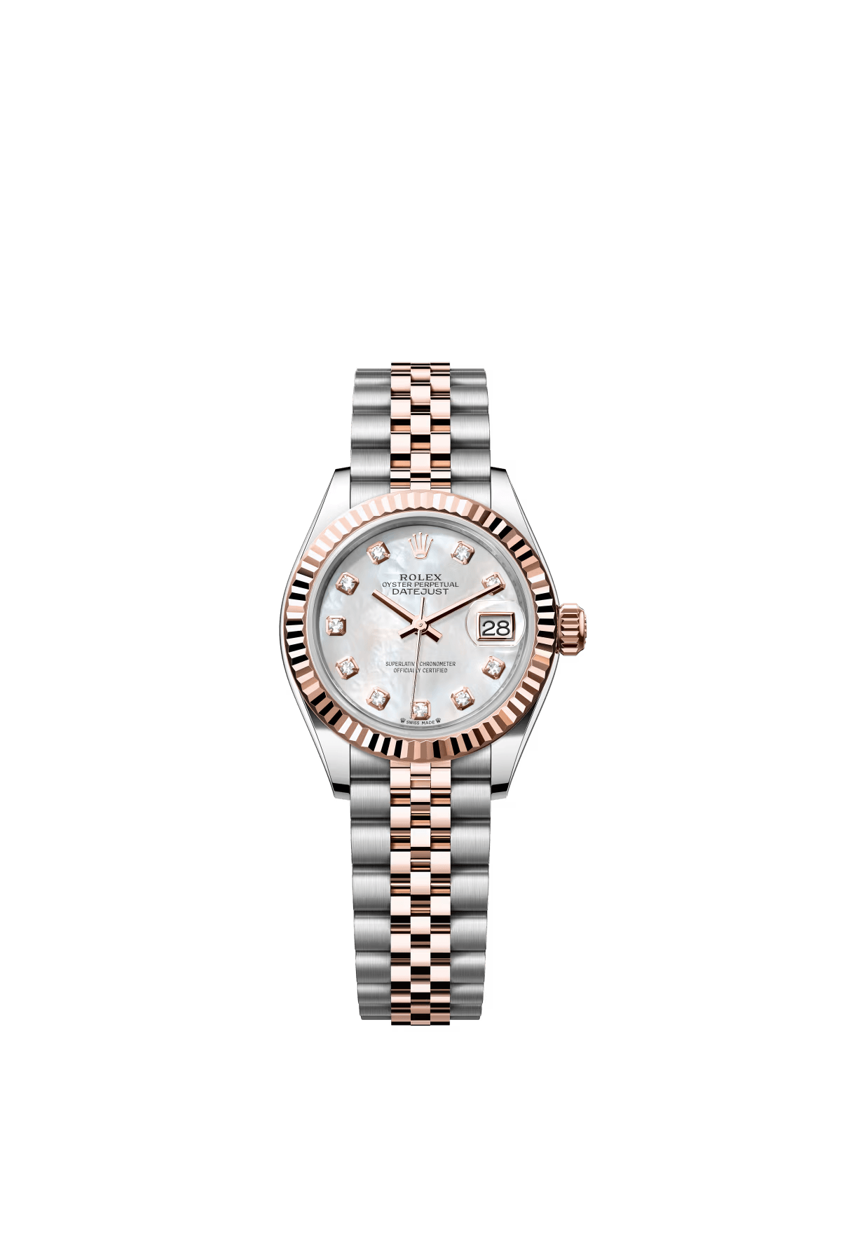 The Oyster Perpetual Lady-Datejust in Everose gold and Oystersteel with a diamond-set white mother-of-pearl dial and a Jubilee bracelet. -m279171-0013 28mm