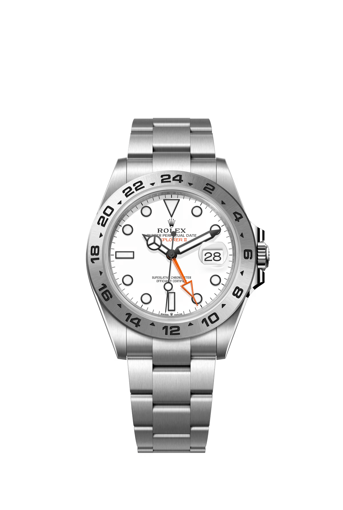 The Oyster Perpetual Explorer II is made of Oyster steel with an Oyster bracelet and a white dial with arrow-shaped 24-hour hands and hour markers coated with Chromalight. -m226570-0001 42mm