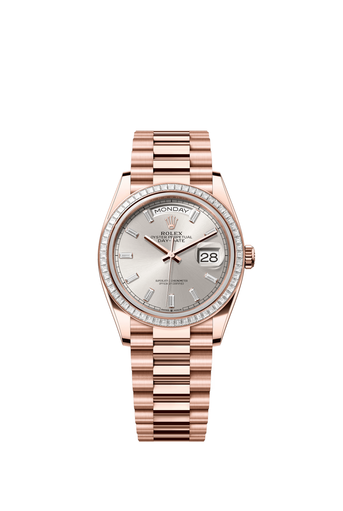 The Oyster Perpetual Day-Date 36 in 18 ct Everose gold features a diamond-set silver dial, diamond-set bezel and President bracelet. -m128395tbr-0030