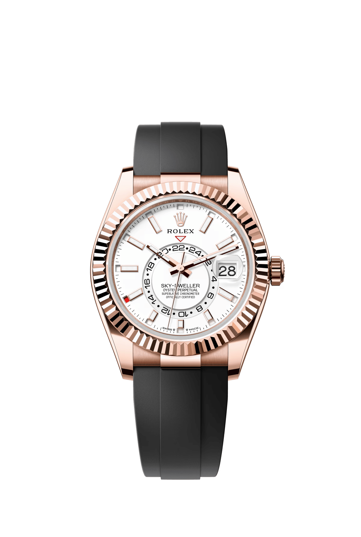 The Oyster Perpetual Sky-Dweller in 18 ct Everose gold with a mellow white dial and an Oysterflex bracelet. -m336235-0003 42mm