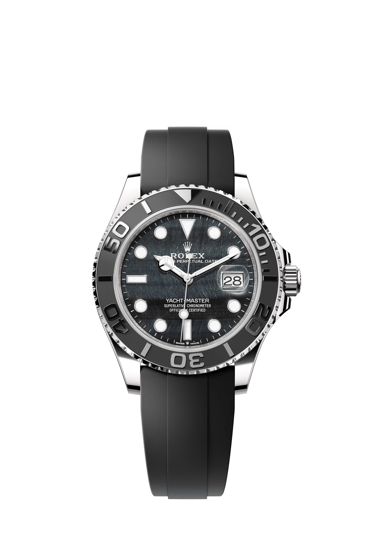 The Oyster Perpetual Yacht-Master 42 is available in 18 ct white gold with an eagle eye dial and an Oysterflex strap. -m226659-0004